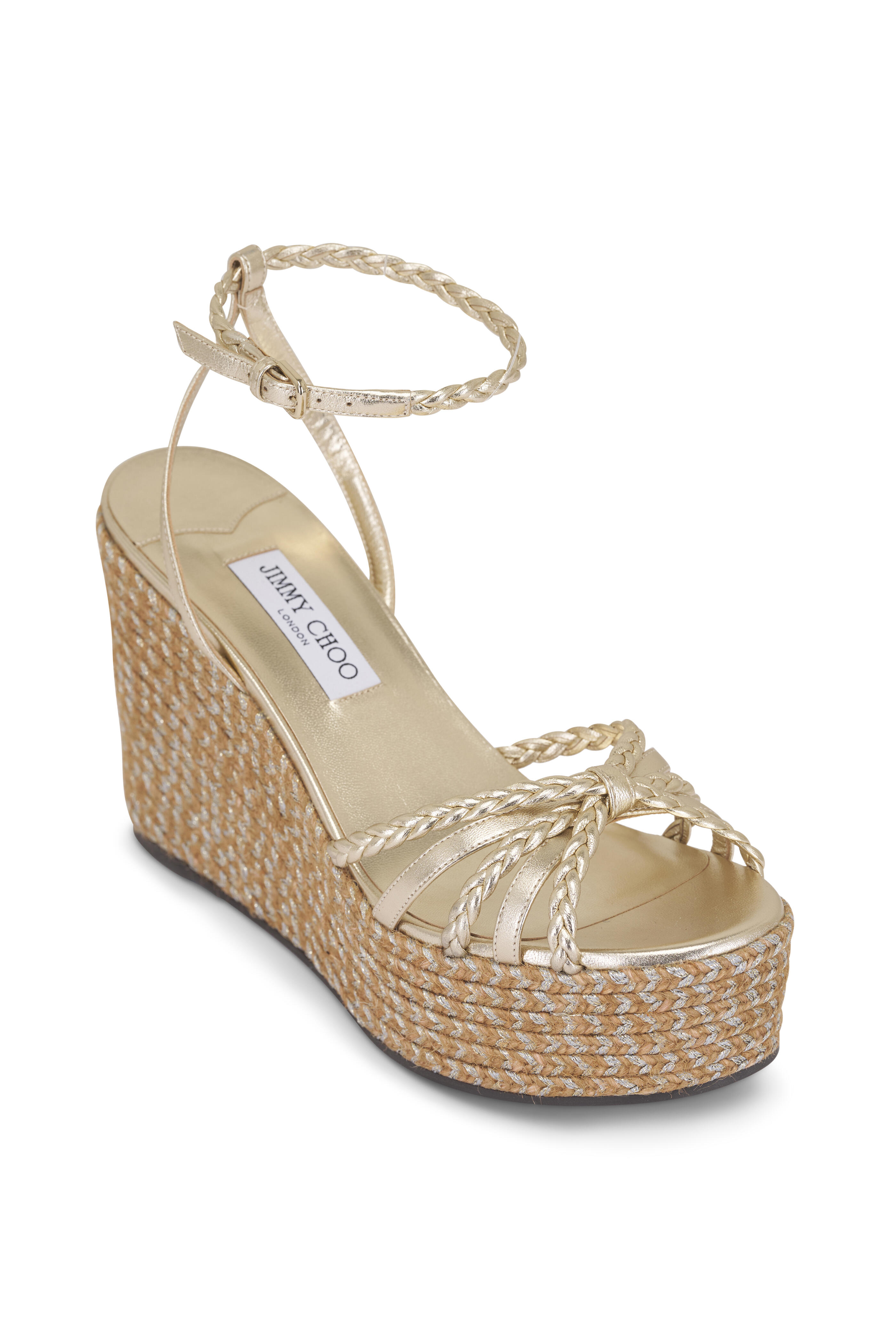 Jimmy Choo - Dree Soft Gold Mix Leather Jute Wedge, 100mm
