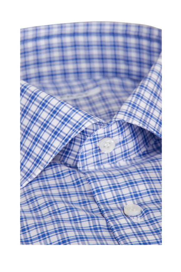Fray Dark Blue Plaid Cotton Dress Shirt - view 2
