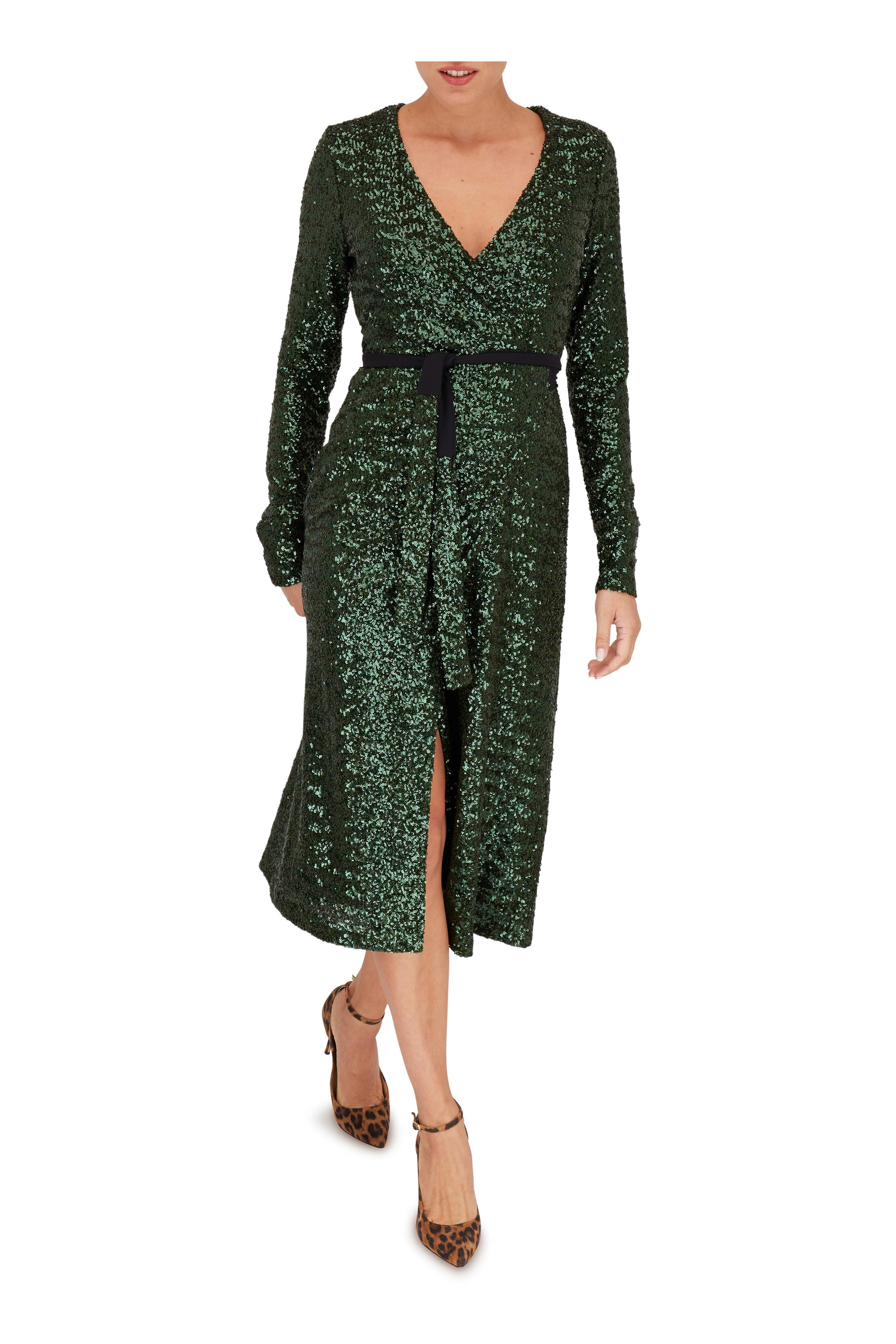 green emerald velvet dress THE SPARKLY SEQUIN WRAP DRESS IN HUNTER GREEN BY SARAH TRIPP X PINK DESERT main image 1