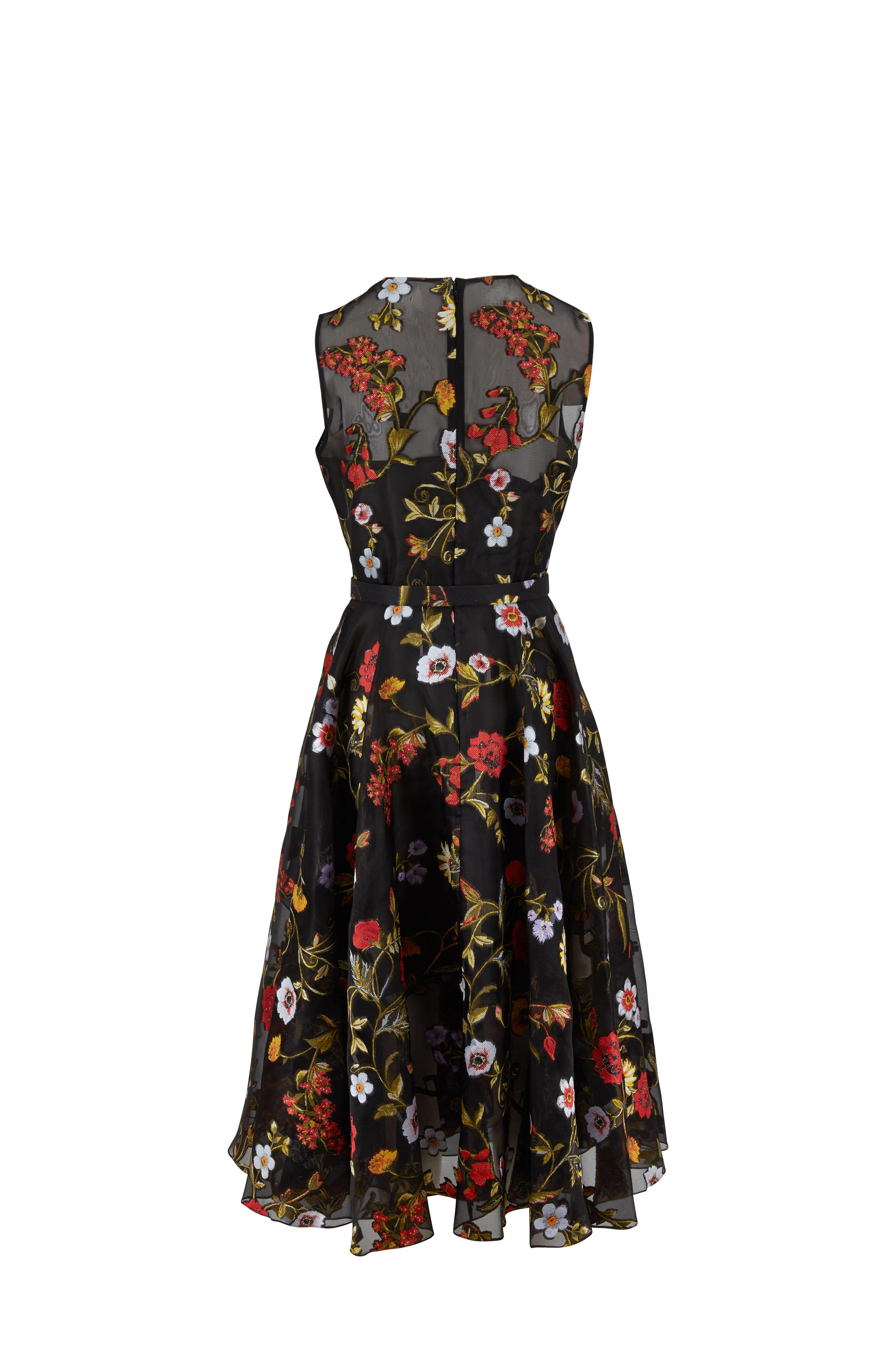 Oscar de la Renta - Black Floral Embroidered Chiffon Sleeveless Dress