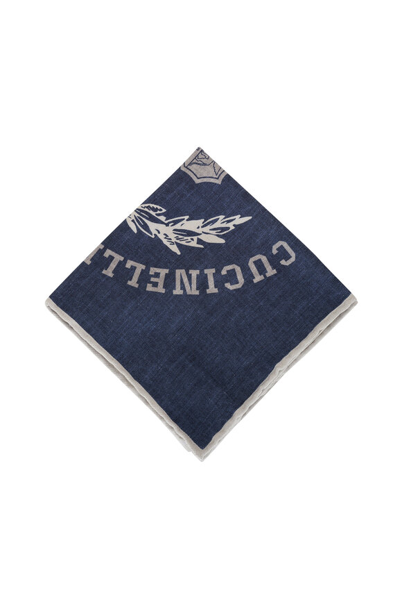 Brunello Cucinelli - Blue Logo Print Silk Pocket Square 