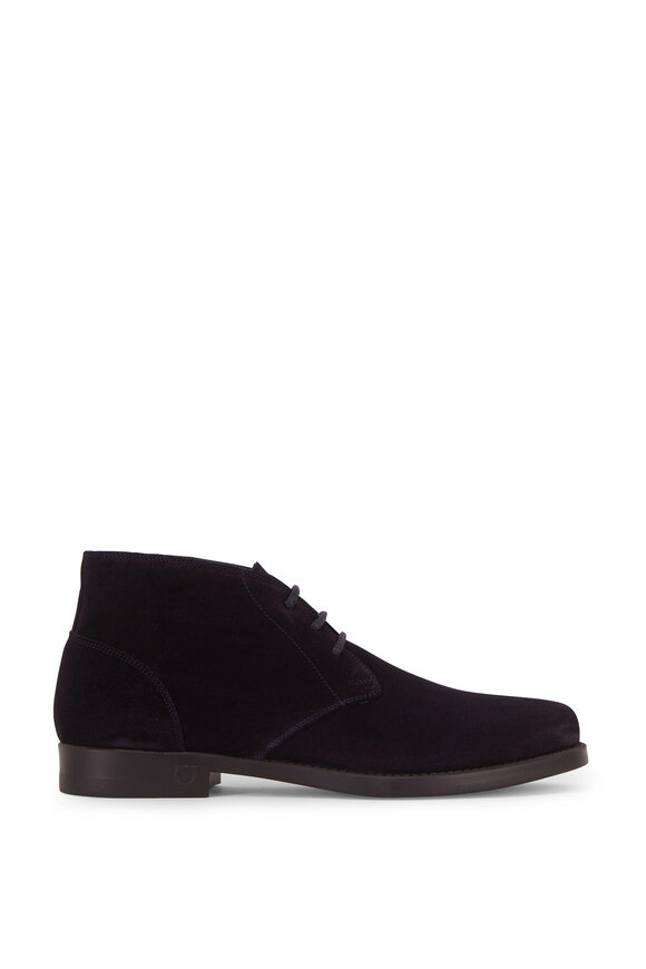 Ferragamo - Sachie 2 Dark Blue Suede Lace-Up Boot 