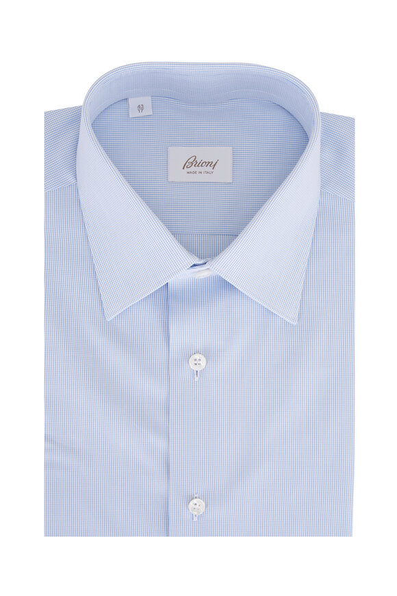 Brioni Light Blue Check Cotton Dress Shirt