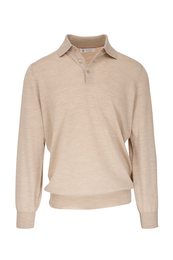 Brunello Cucinelli Camel Wool & Cashmere Long Sleeve Polo