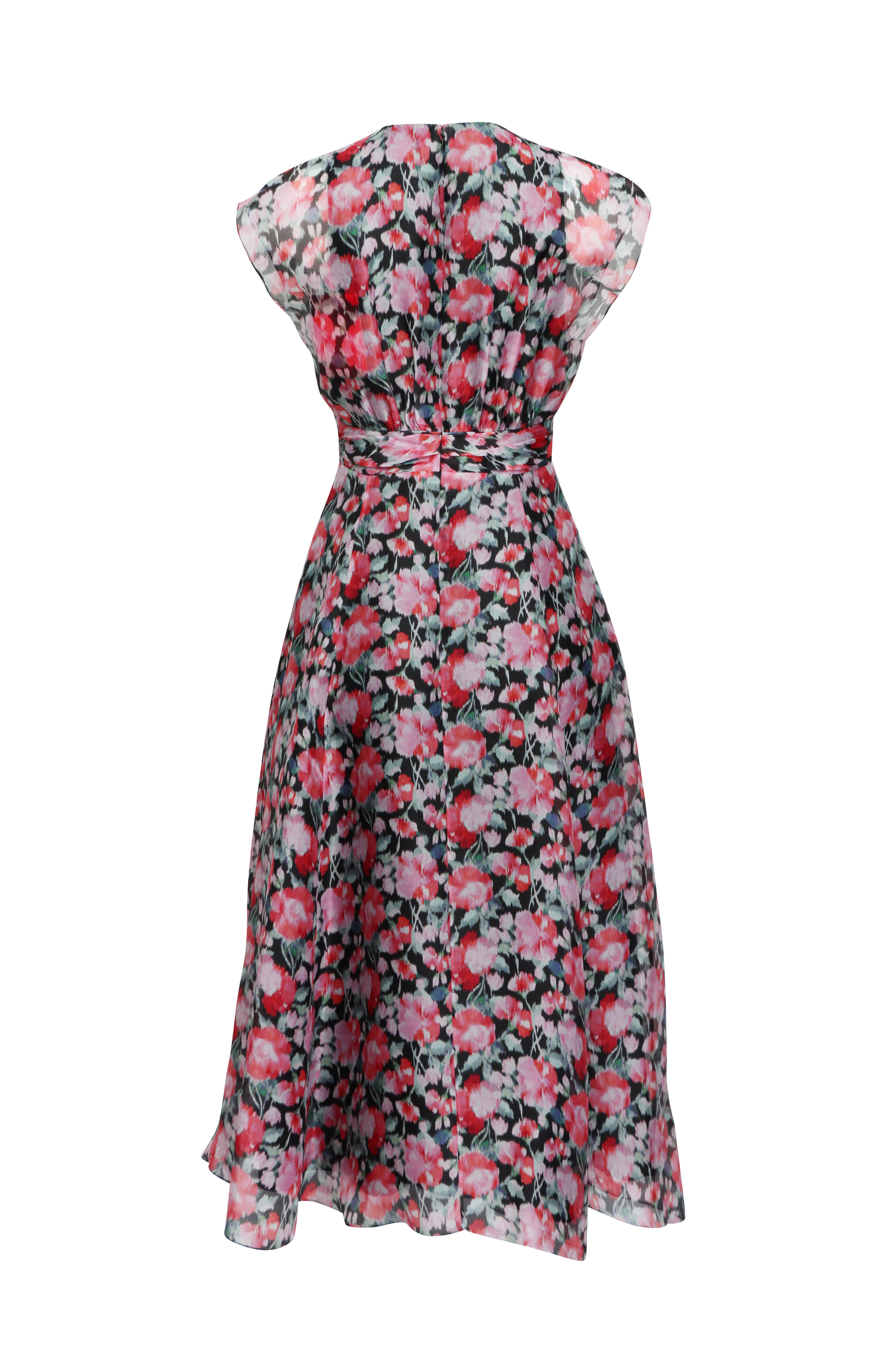 Carolina Herrera - Pink Peony Print Cap Sleeve Midi Dress