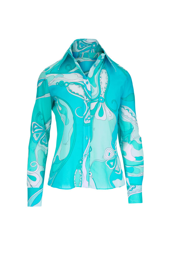 Pucci Turquoise Multicolor Print Cotton Muslin Blouse