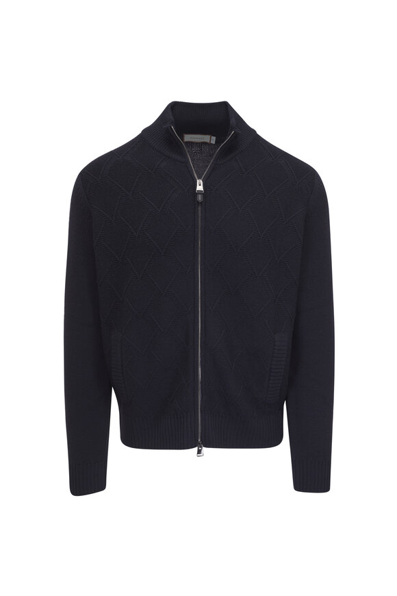 Canali Navy Knit Wool Front Zip Sweater