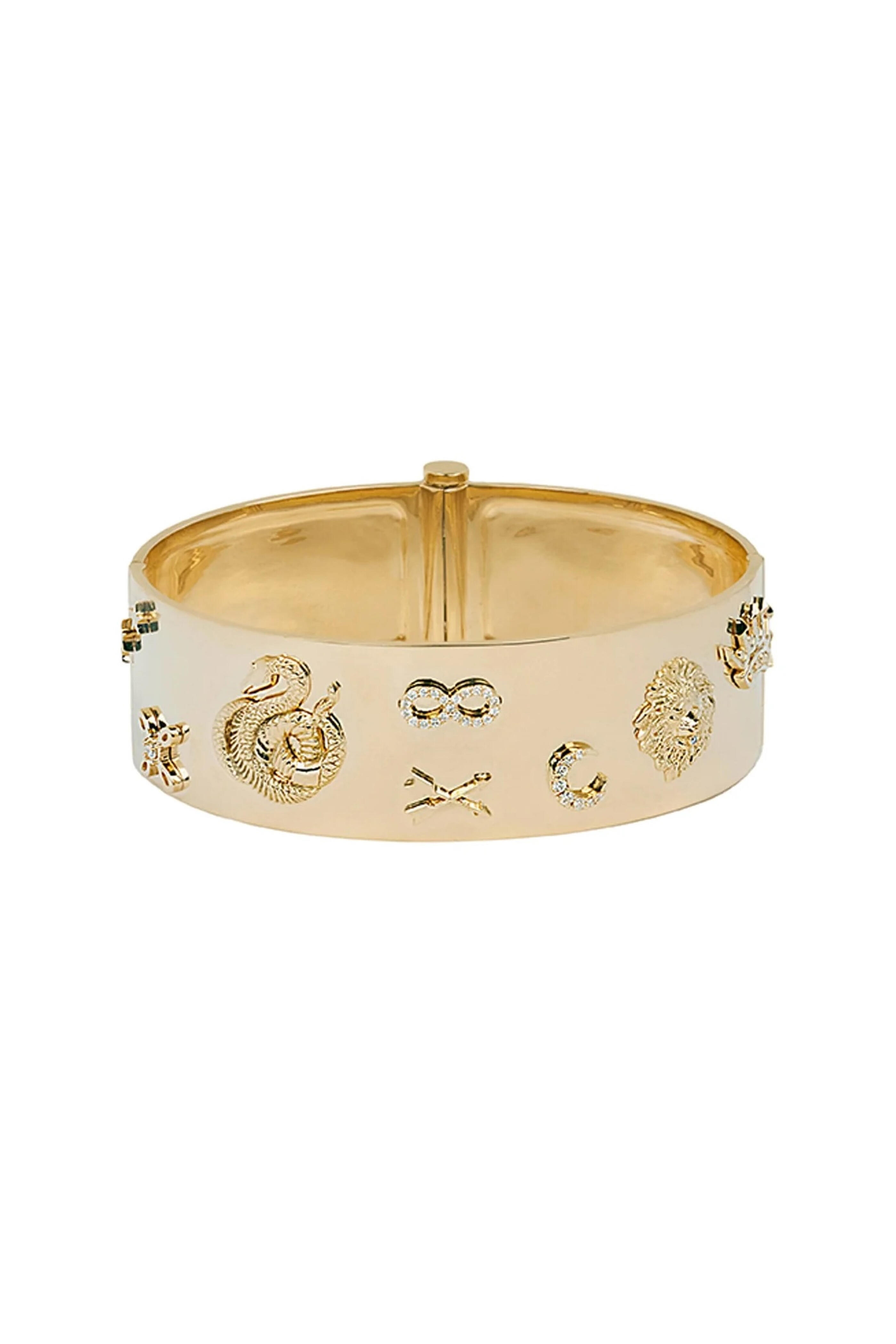 Foundrae - 18k Yellow Gold Symbols Wide Triptych Bangle - view 1