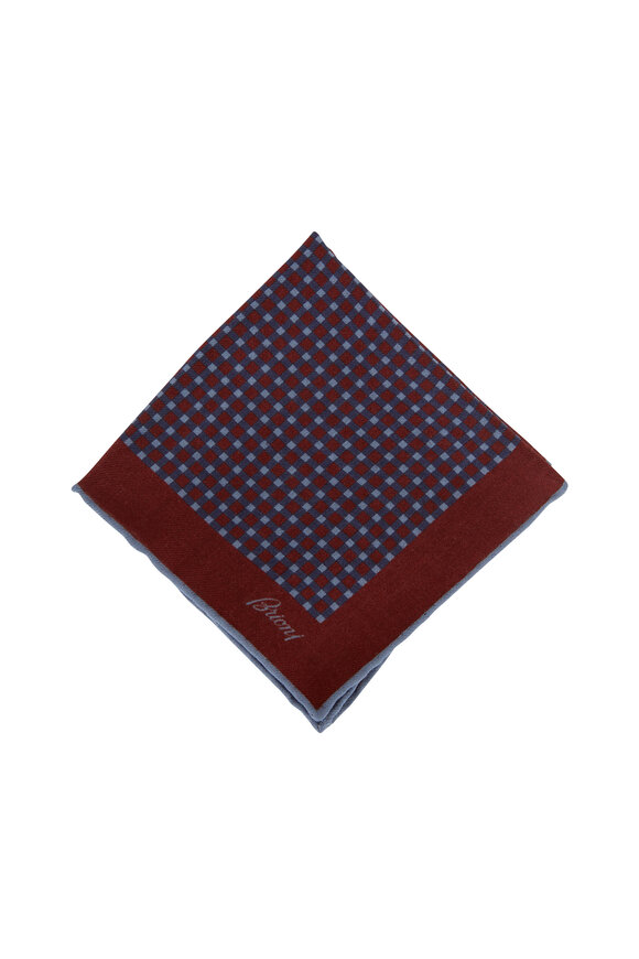 Brioni - Burgundy & Navy Check Wool & Silk Pocket Square