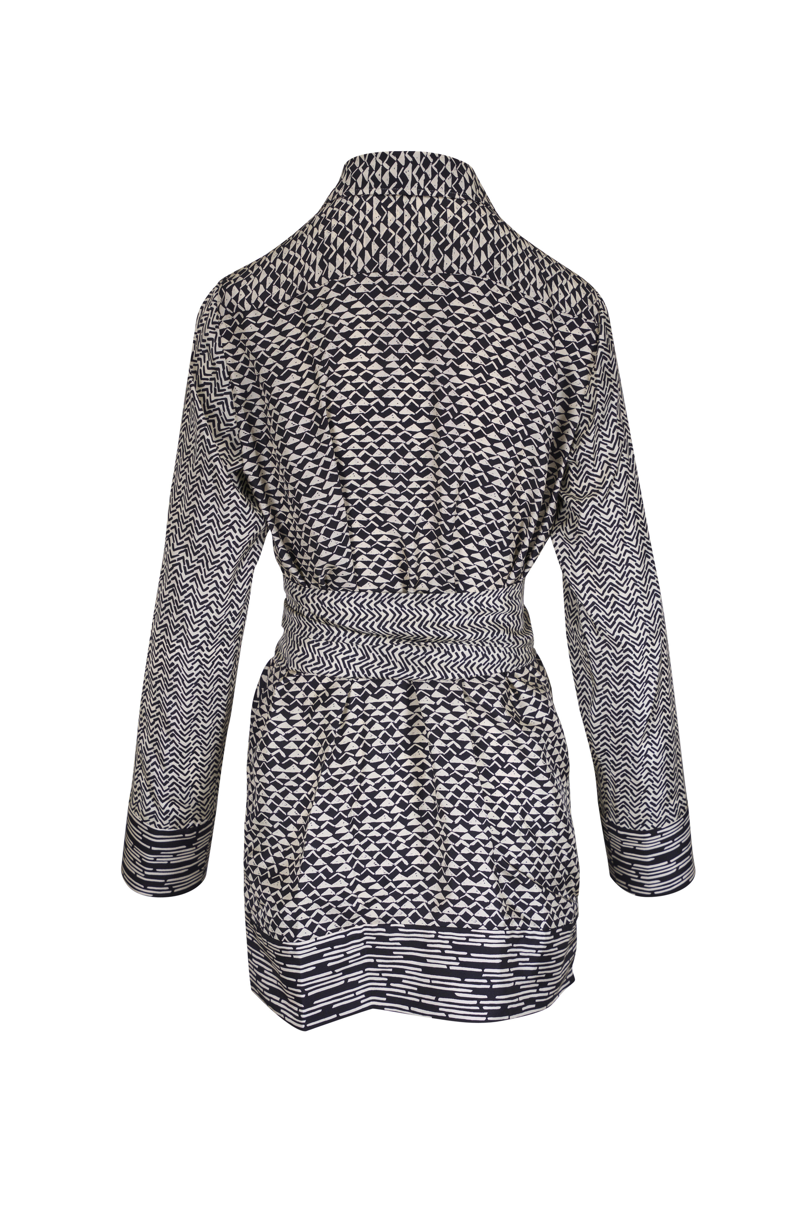 Kiton - Black & Beige Geometric Print Silk Blouse