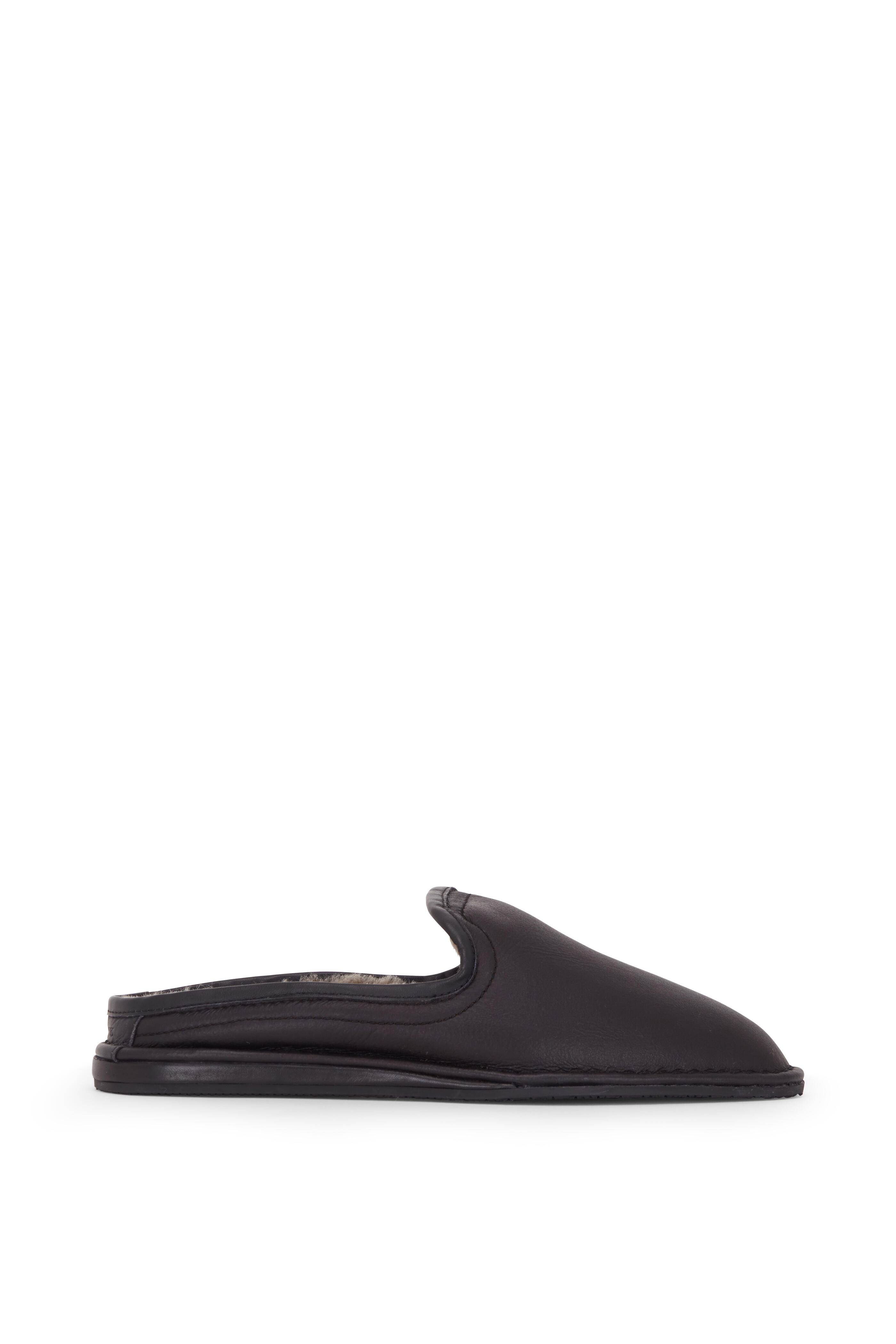 Trask Preston Black Italian Suede Shearling Slipper