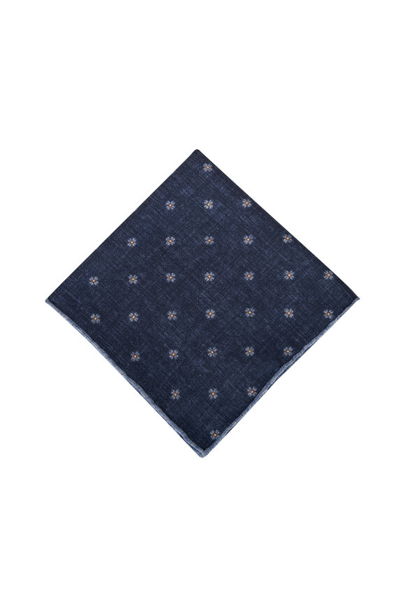 Brunello Cucinelli - Blue Flower Print Reversible Silk Pocket Square 