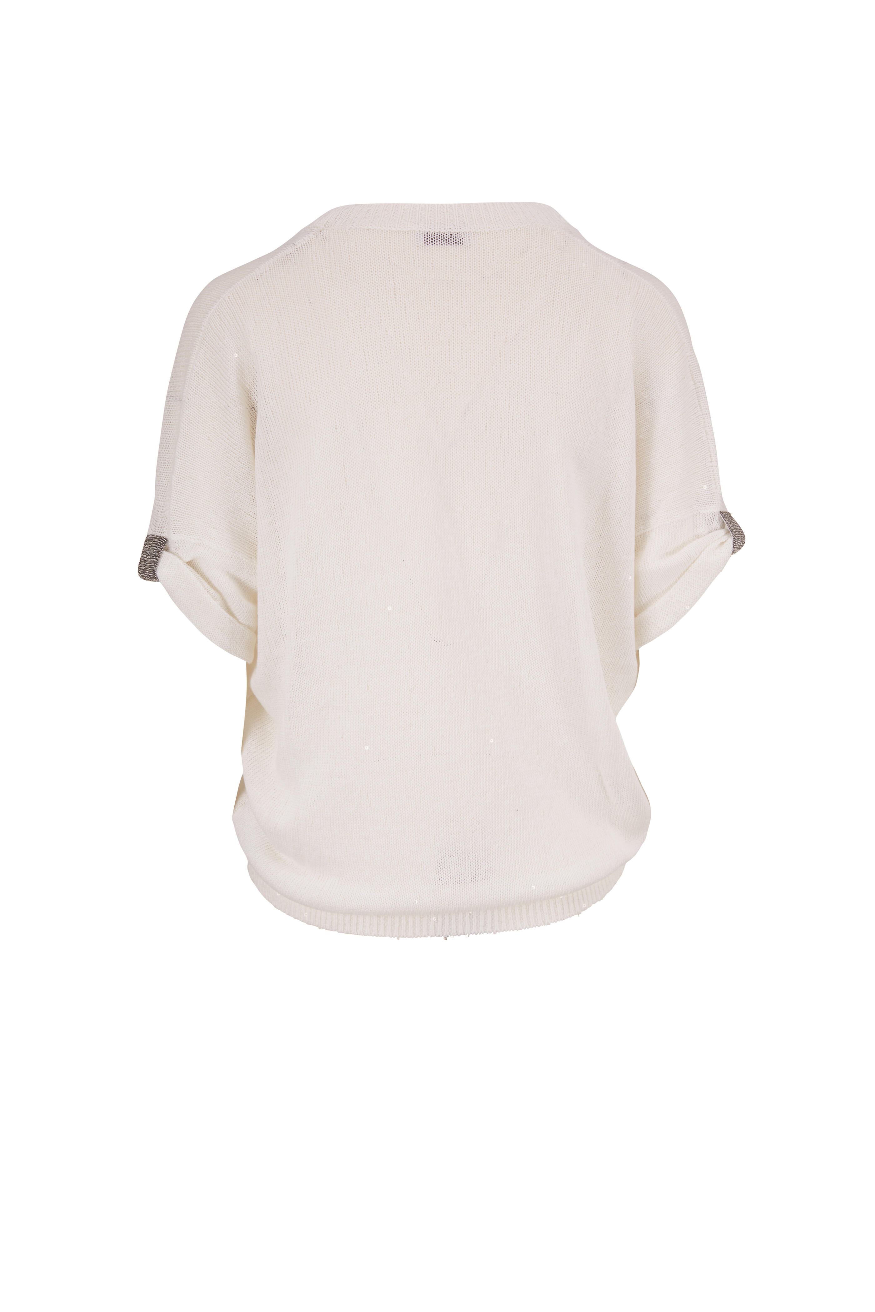 Brunello Cucinelli - White Linen & Silk Paillette Short Sleeve Sweater