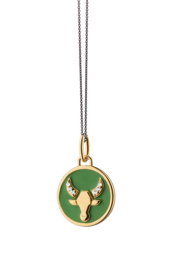 Monica Rich Kosann 18k Yellow Gold Green Enamel Taurus Necklace