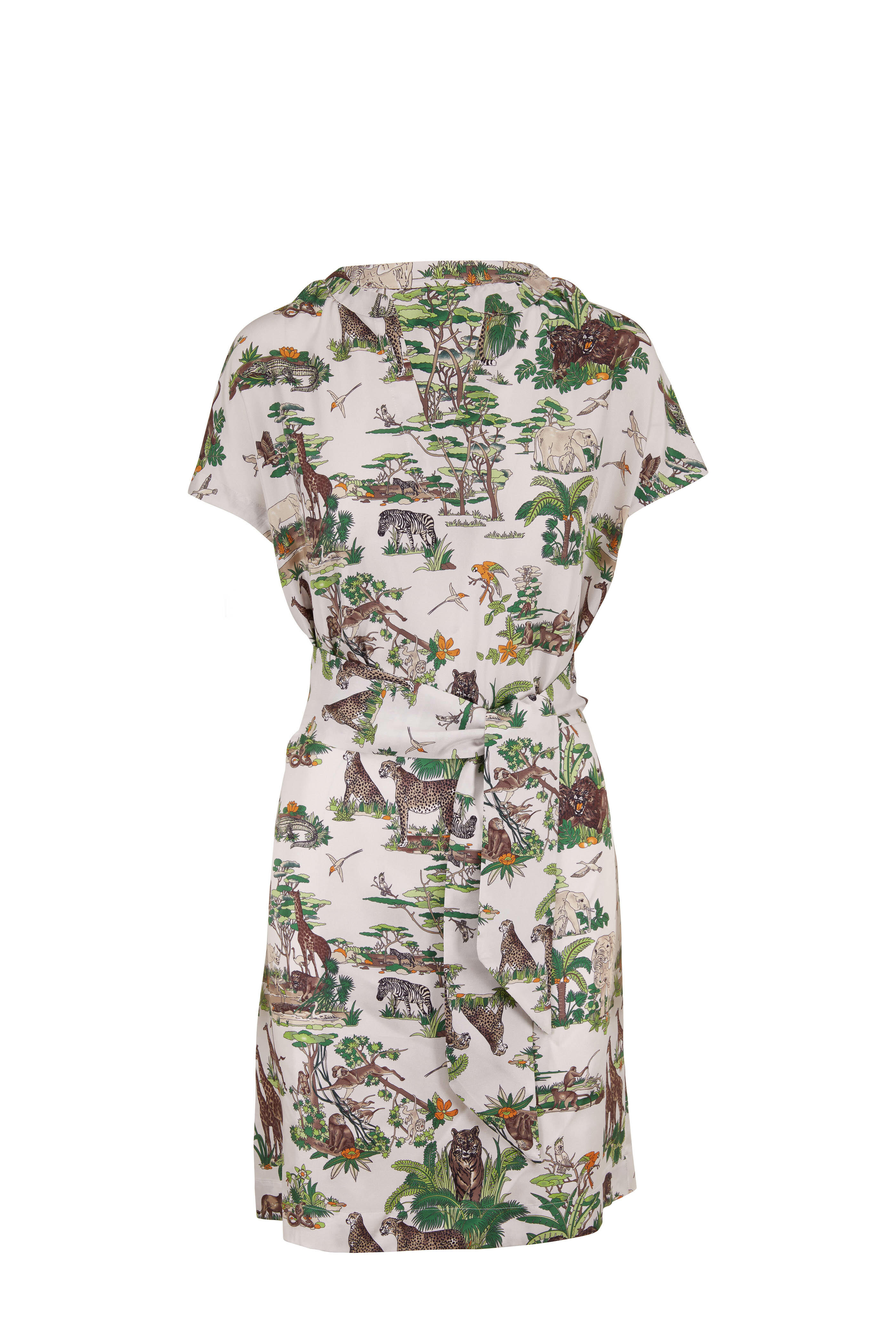 Rani Arabella - Green & White Silk Safari Print Cap-Sleeve Dress