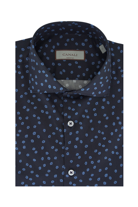 Canali Navy & Blue Oval Print Cotton Sport Shirt