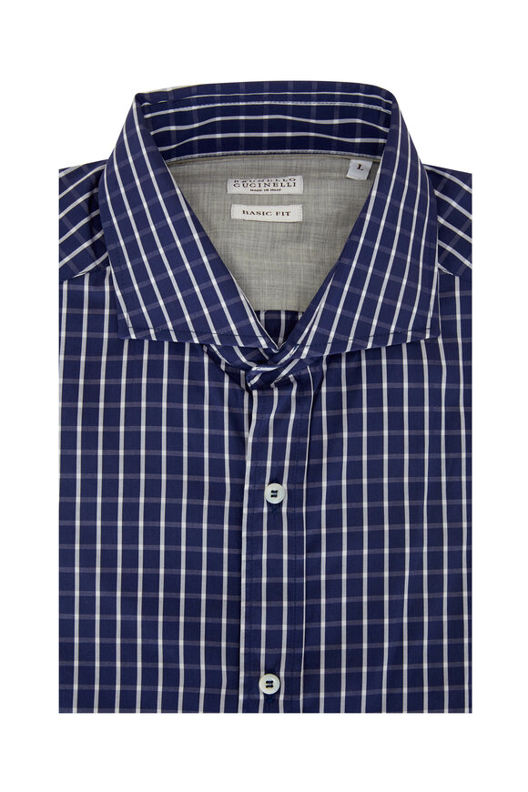 Brunello Cucinelli - Navy Blue Tattersall Basic Fit Sport Shirt 