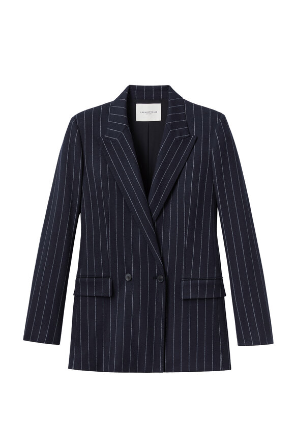 Lafayette 148 New York Navy Pinstripe Jersey Double Breasted Blazer - view 1