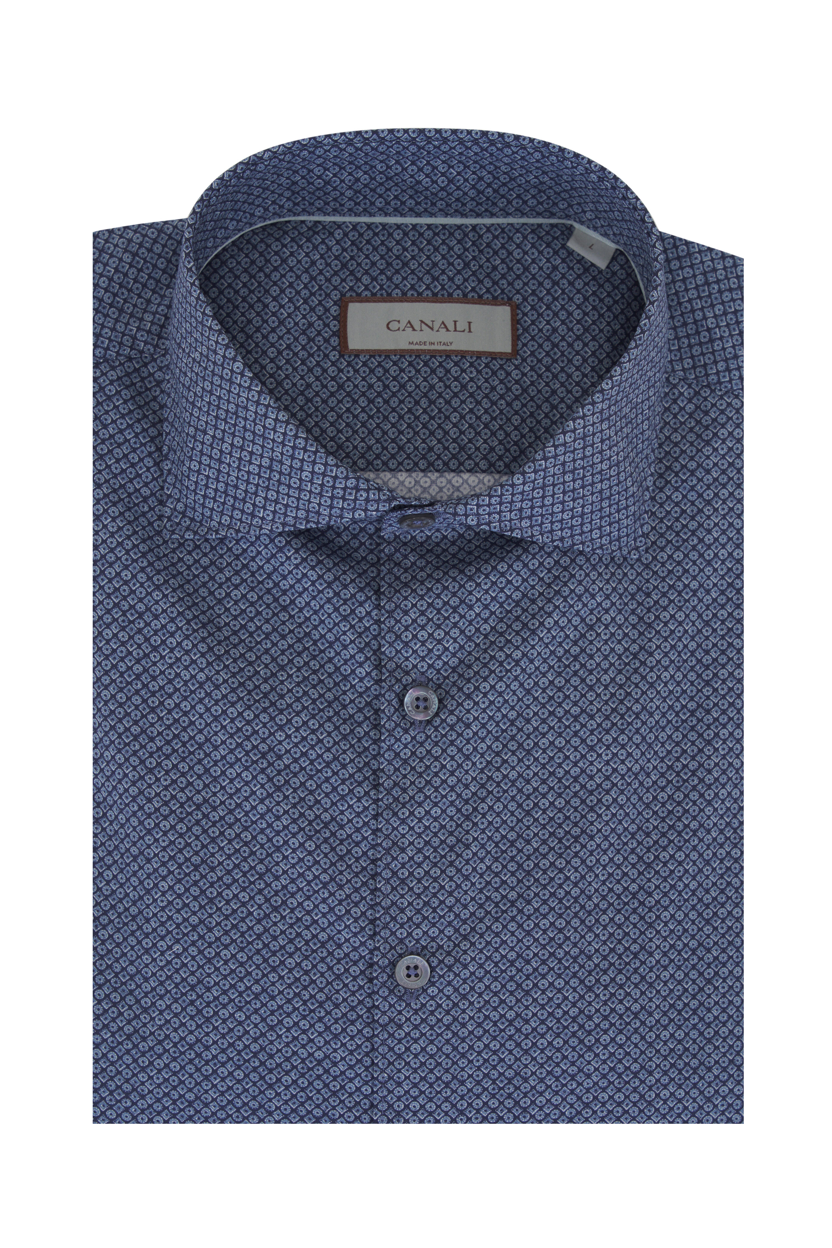 Canali - Blue Geometric Print Cotton Sport Shirt