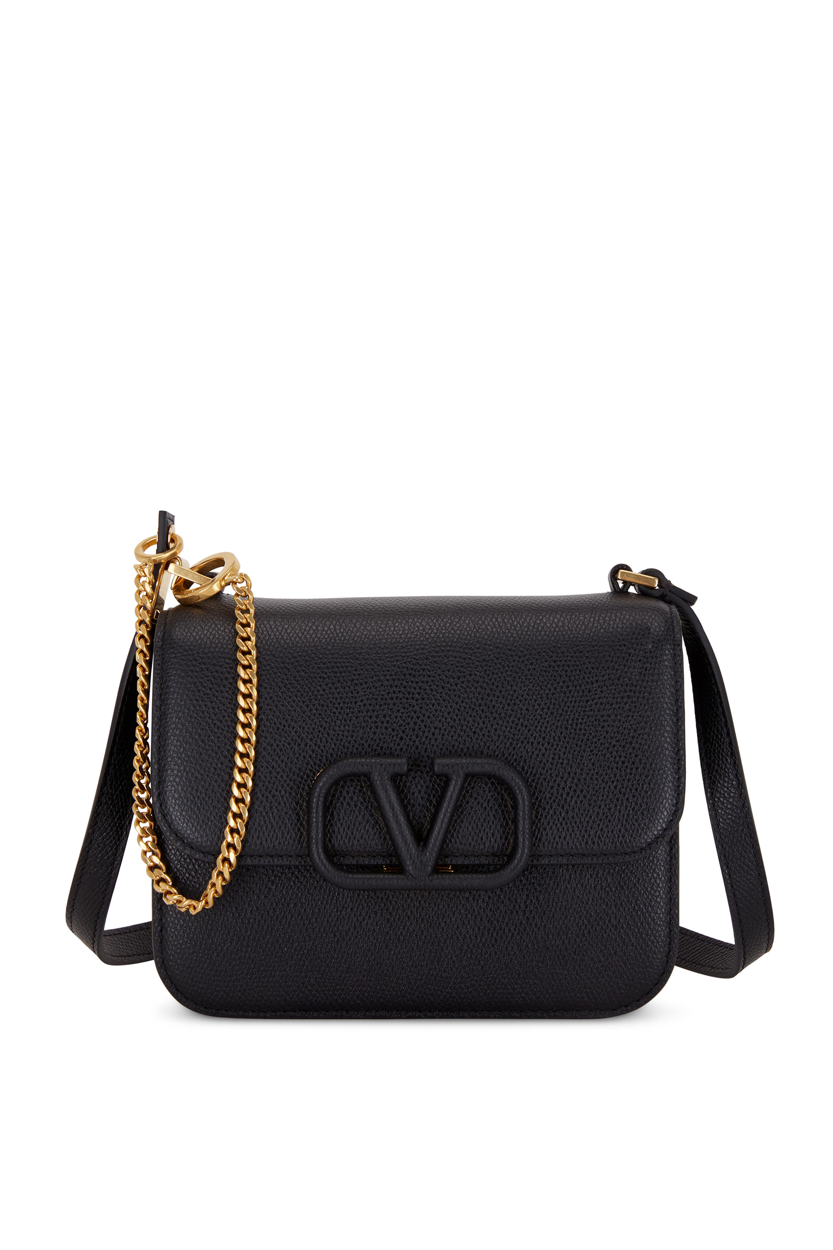 VALENTINO GARAVANI V Logo Chain Shoulder Bag Leather Black White Purse  90193837