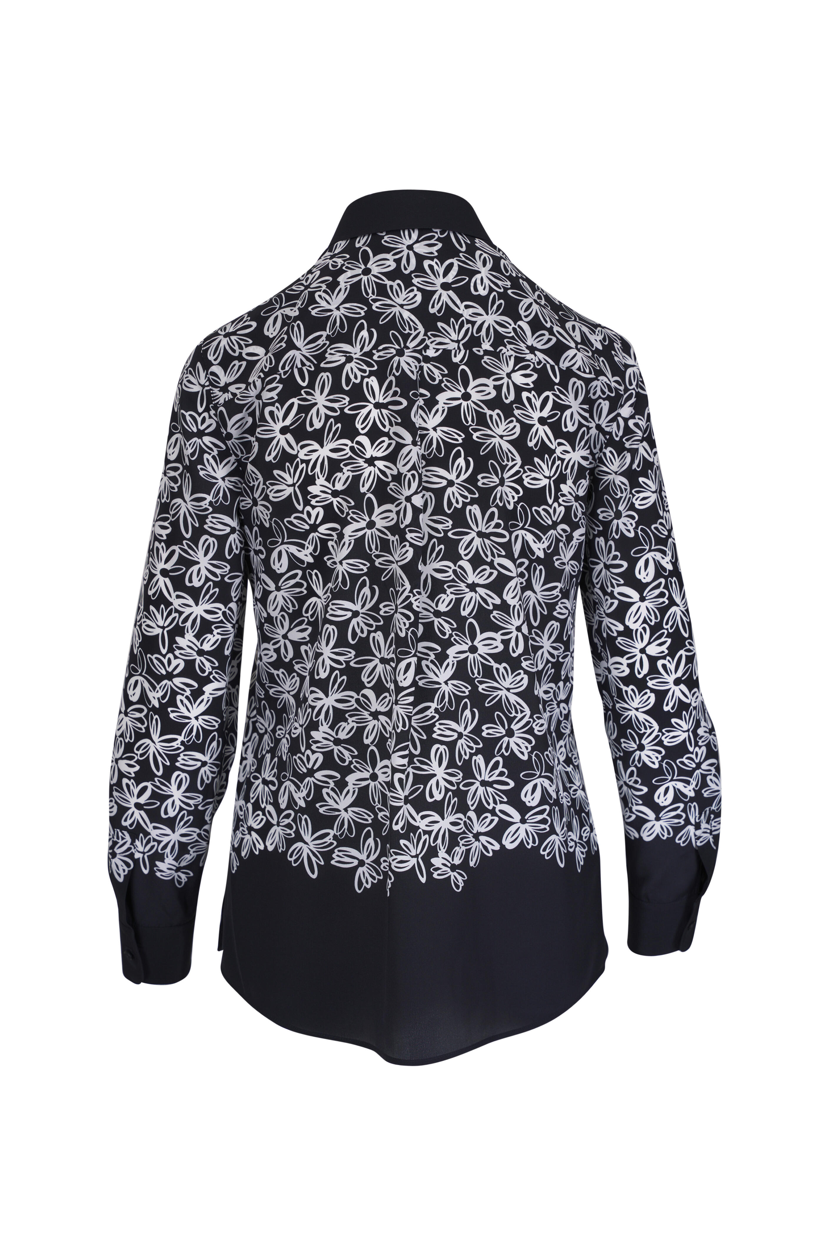 Akris Punto - Daisy Print Black & Cream Button Down Silk Blouse