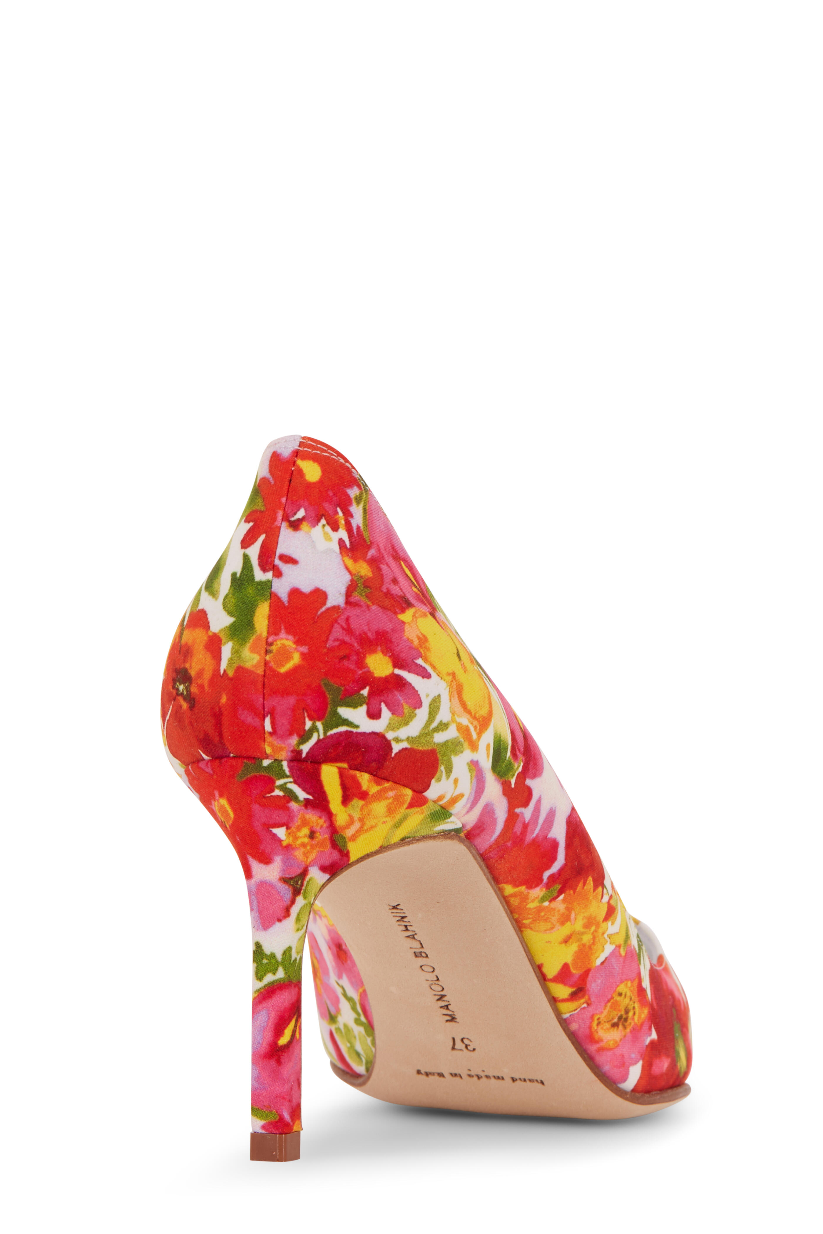 Manolo Blahnik - Lisa Pink & Yellow Floral Satin Pump, 70mm
