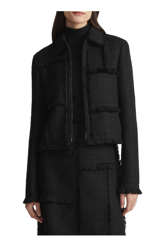 Lafayette 148 New York Black Boucle Tweed Fringe Patchwork Jacket