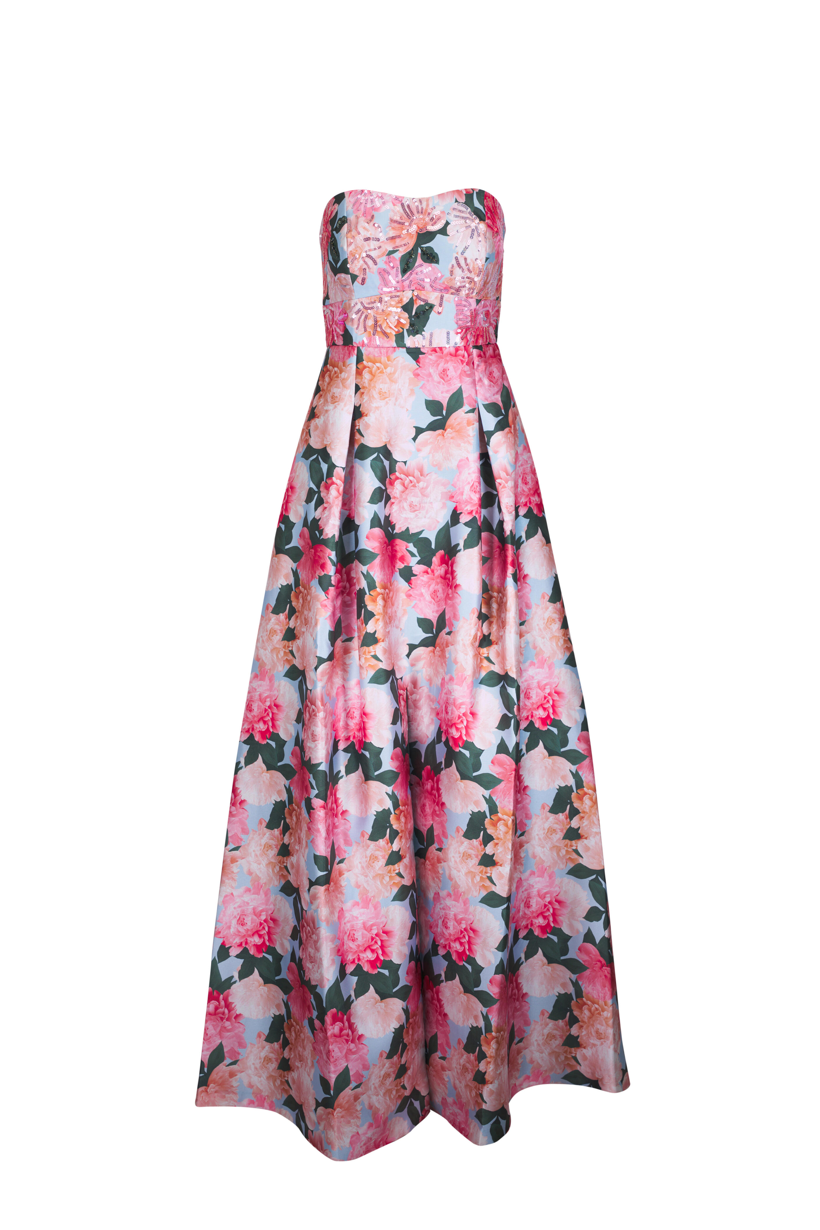 Sachin + Babi - Giovanna Peach Peonies Embellished Strapless Gown