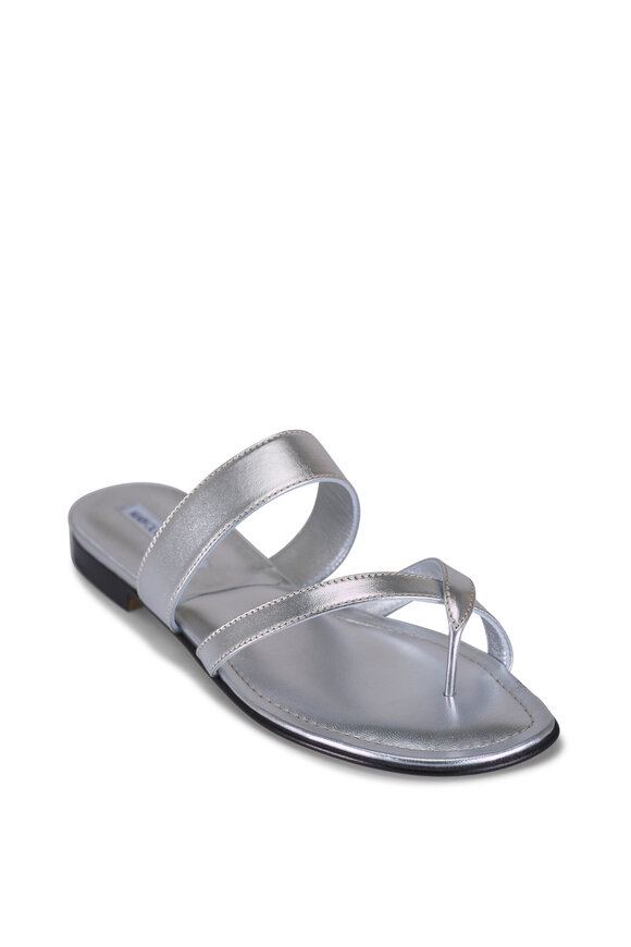 Manolo Blahnik Susa Silver Leather Flat Sandal