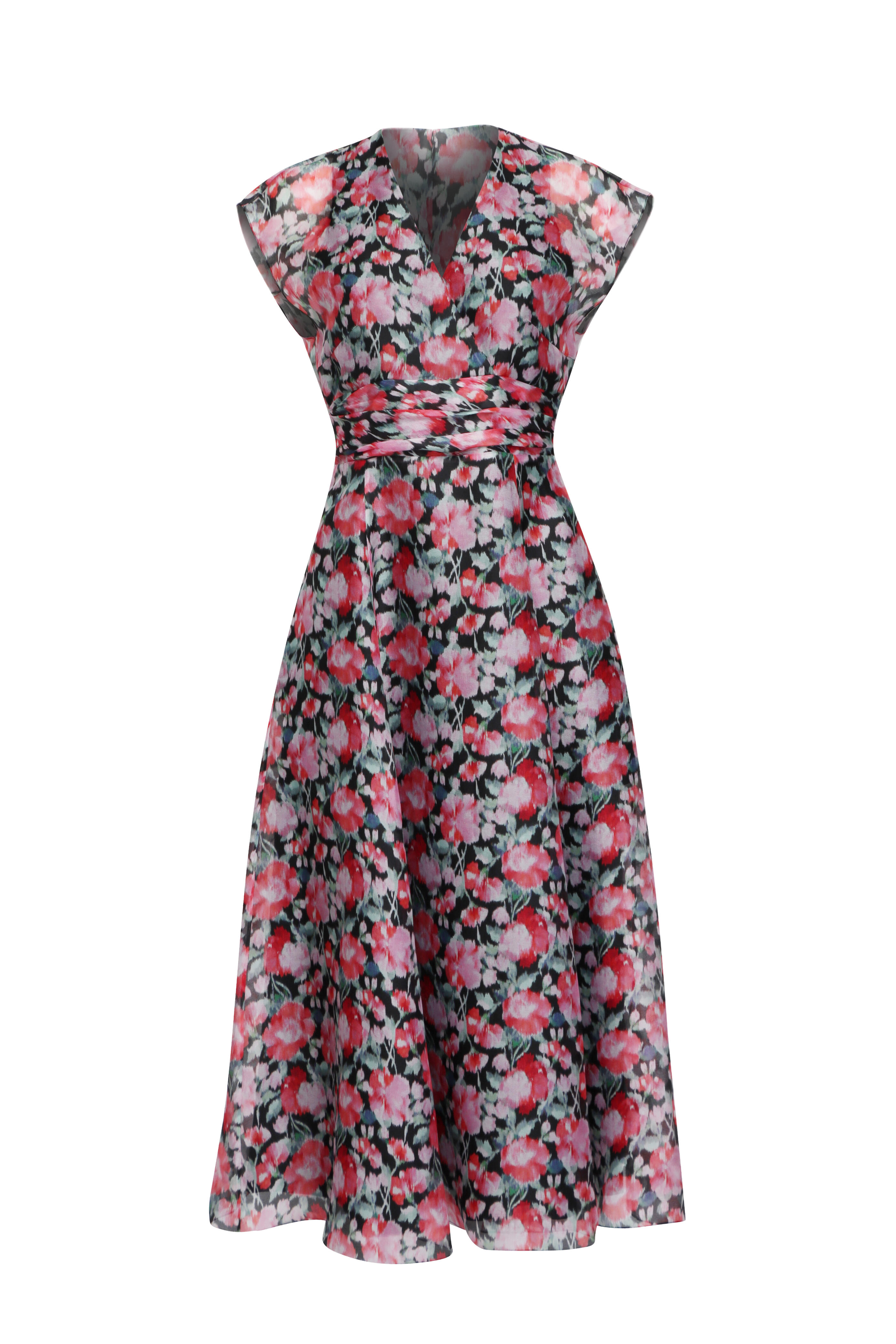 Carolina Herrera - Pink Peony Print Cap Sleeve Midi Dress