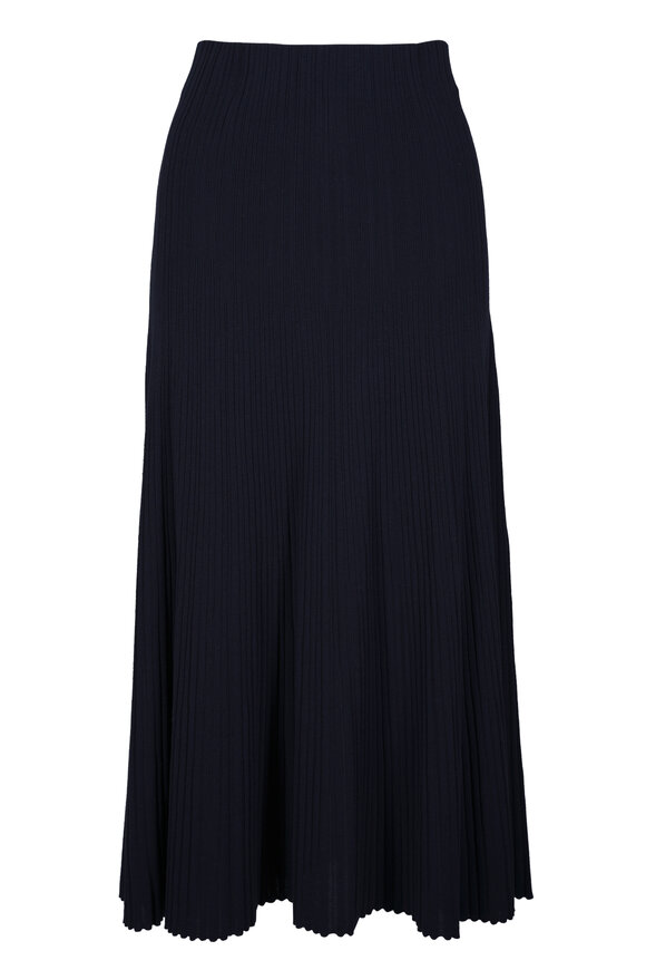 Agnona Navy Cotton & Silk Micro Plissé Midi Skirt