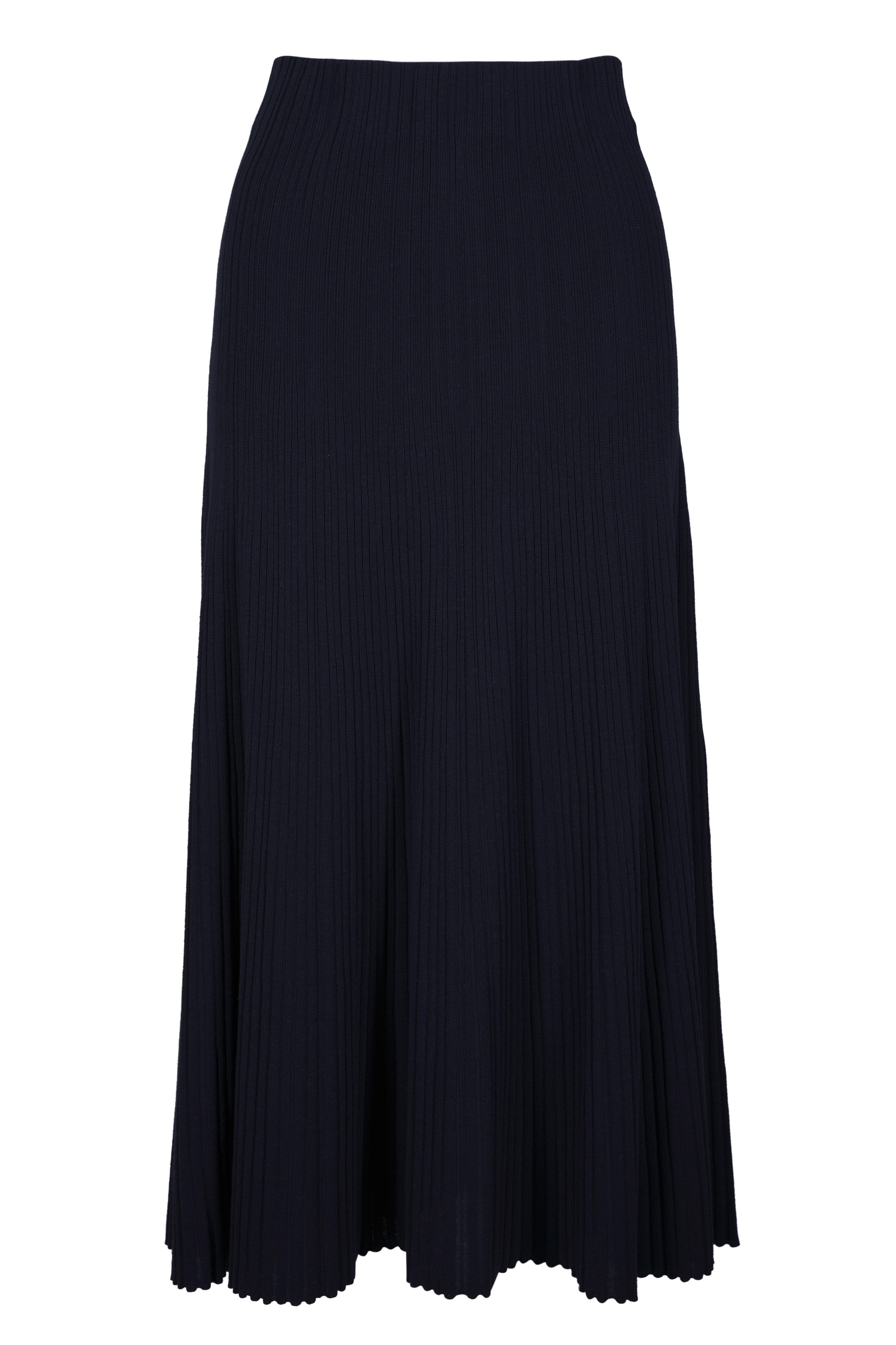 Agnona - Navy Cotton & Silk Micro Plissé Midi Skirt