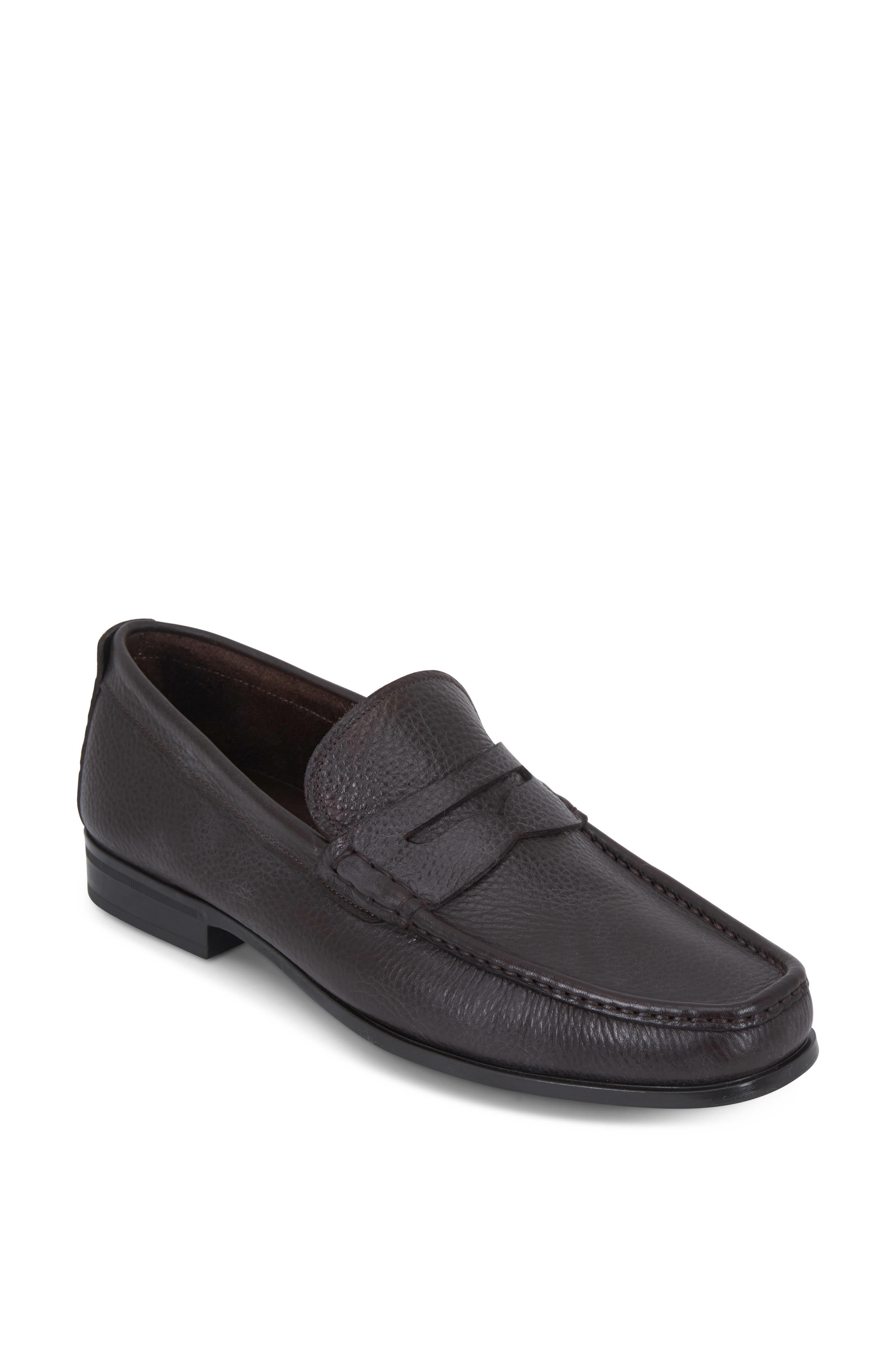 Santoni - Holt Dark Brown Grained Leather Penny Loafer