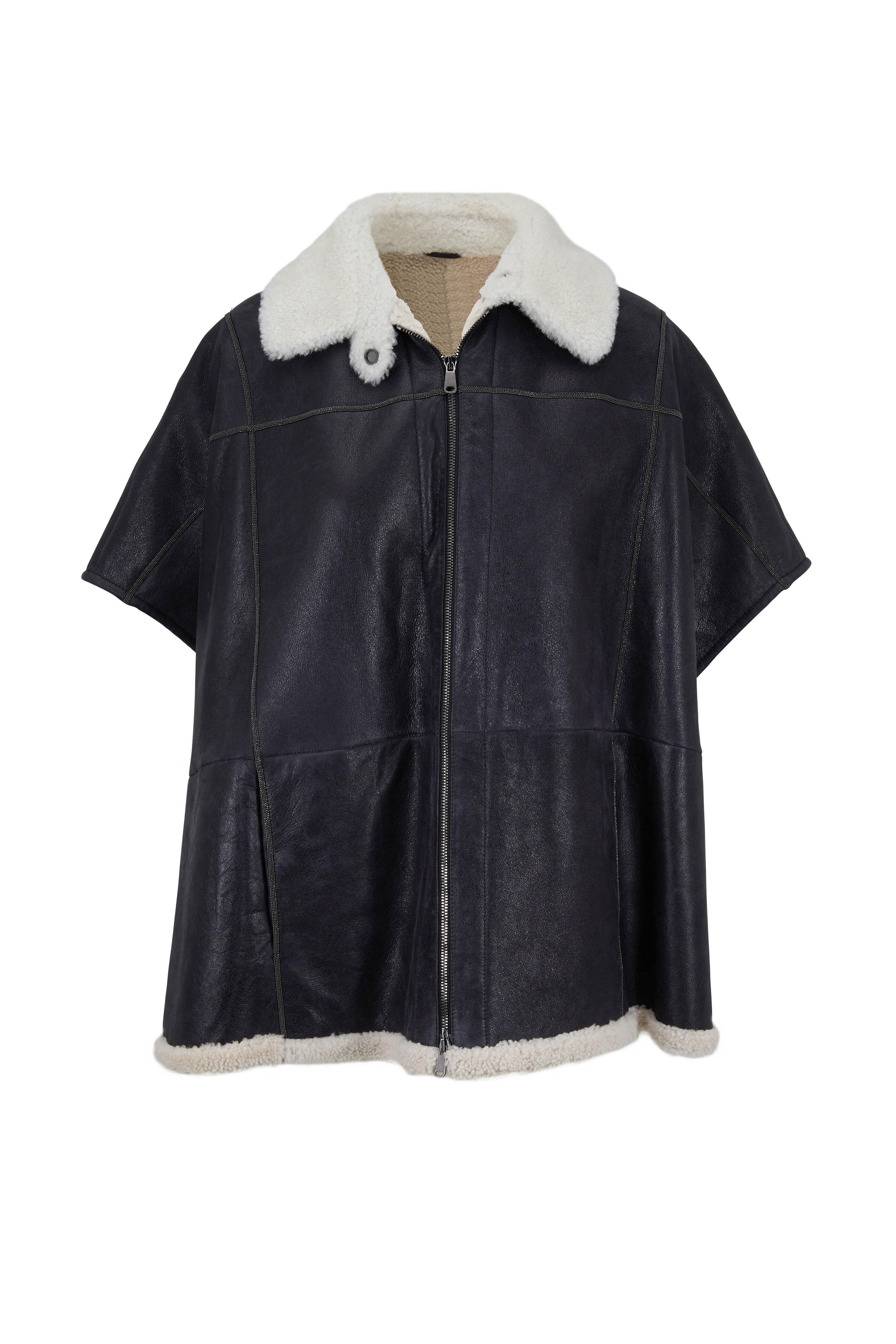 Brunello Cucinelli - Black Leather & Shearling Lined Zip Front Cape