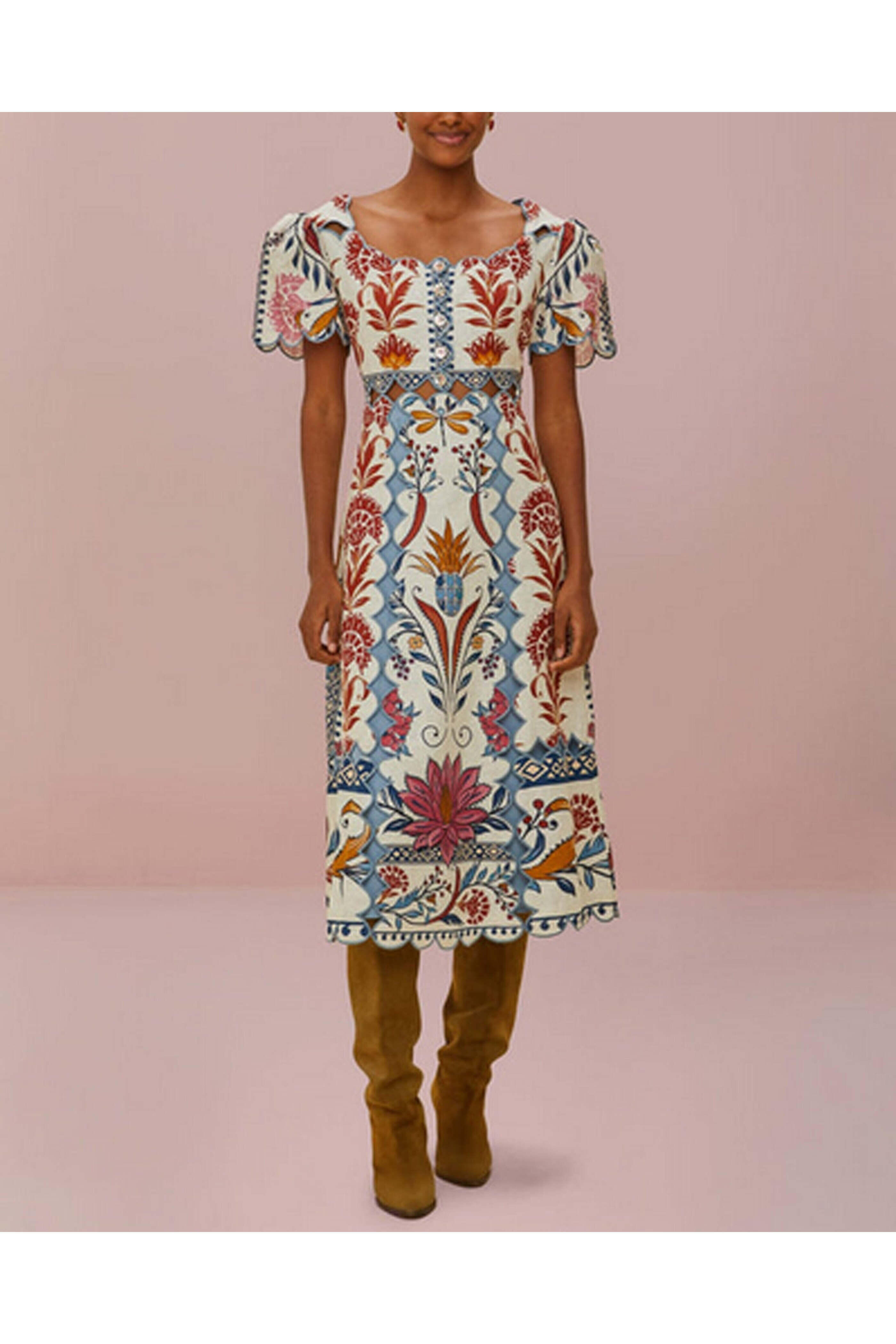 Farm Rio - Cream Romantic Lightness Short Sleeve Midi Dress