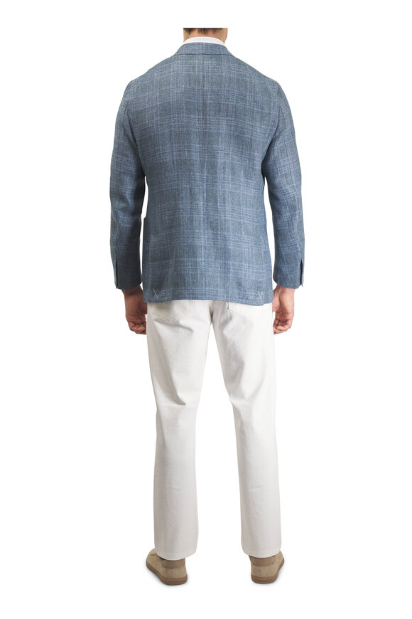Zegna Teal & Blue Check Linen, Wool & Silk Sportcoat - view 5