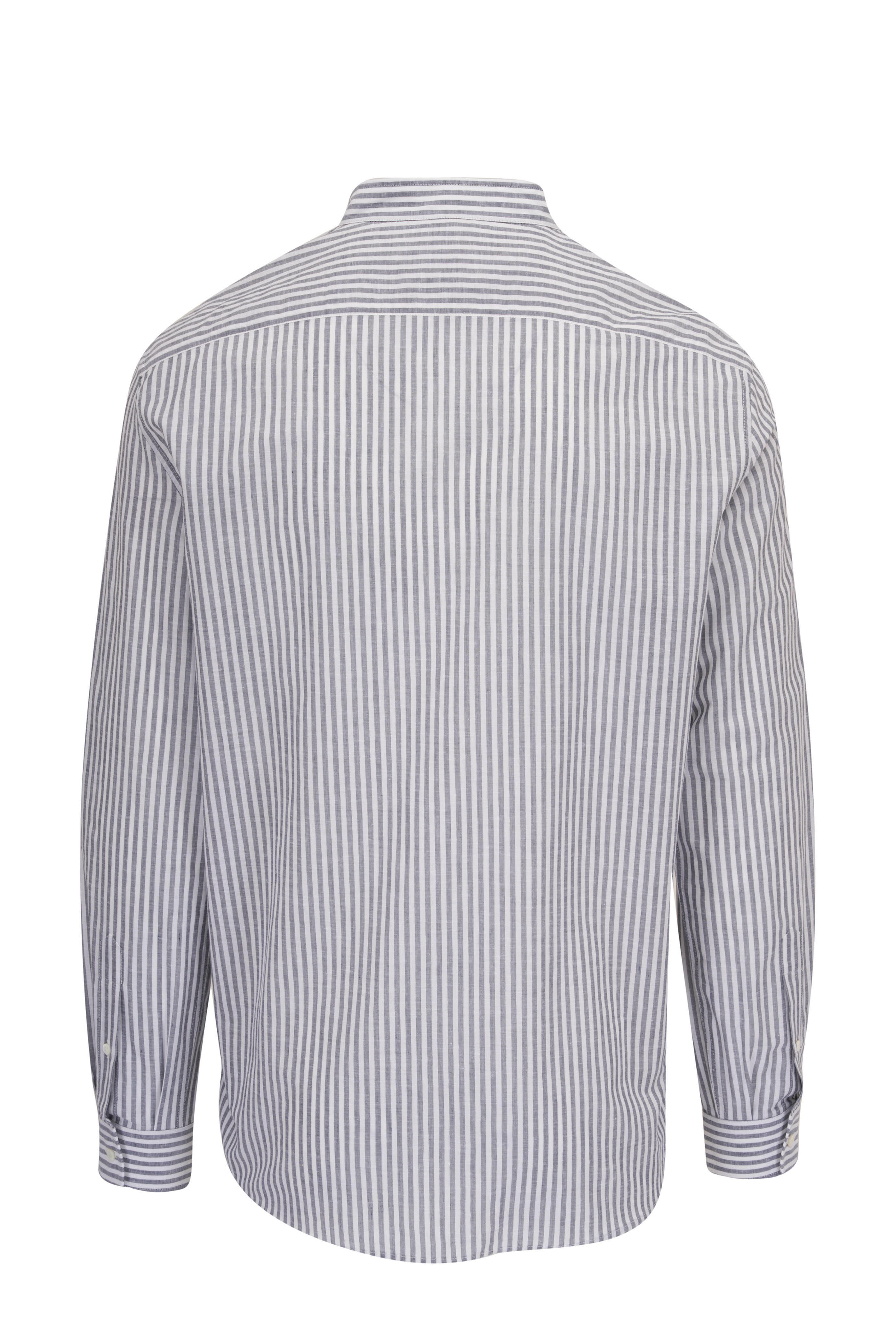 Brunello Cucinelli - White & Blue Striped Mandarin Collar Sport Shirt