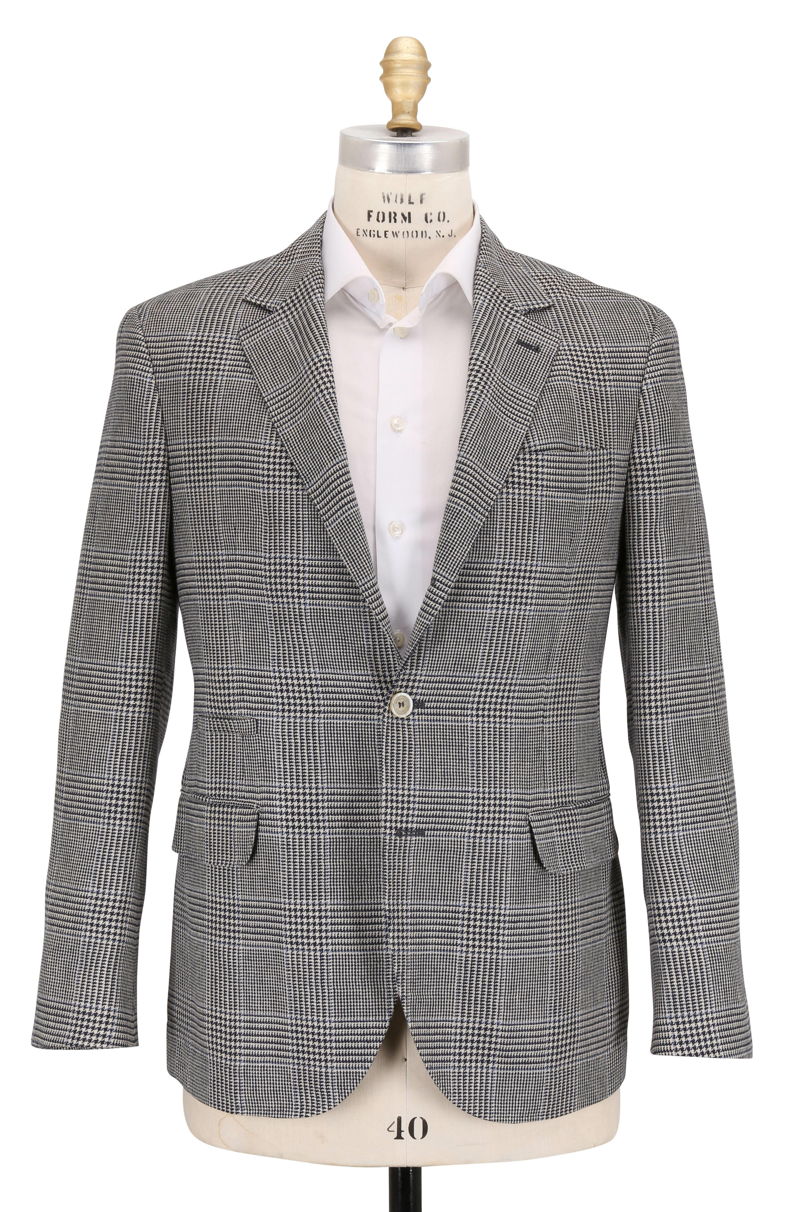 Brunello Cucinelli - Navy Blue Linen & Wool Blend Plaid Sportcoat - view 3