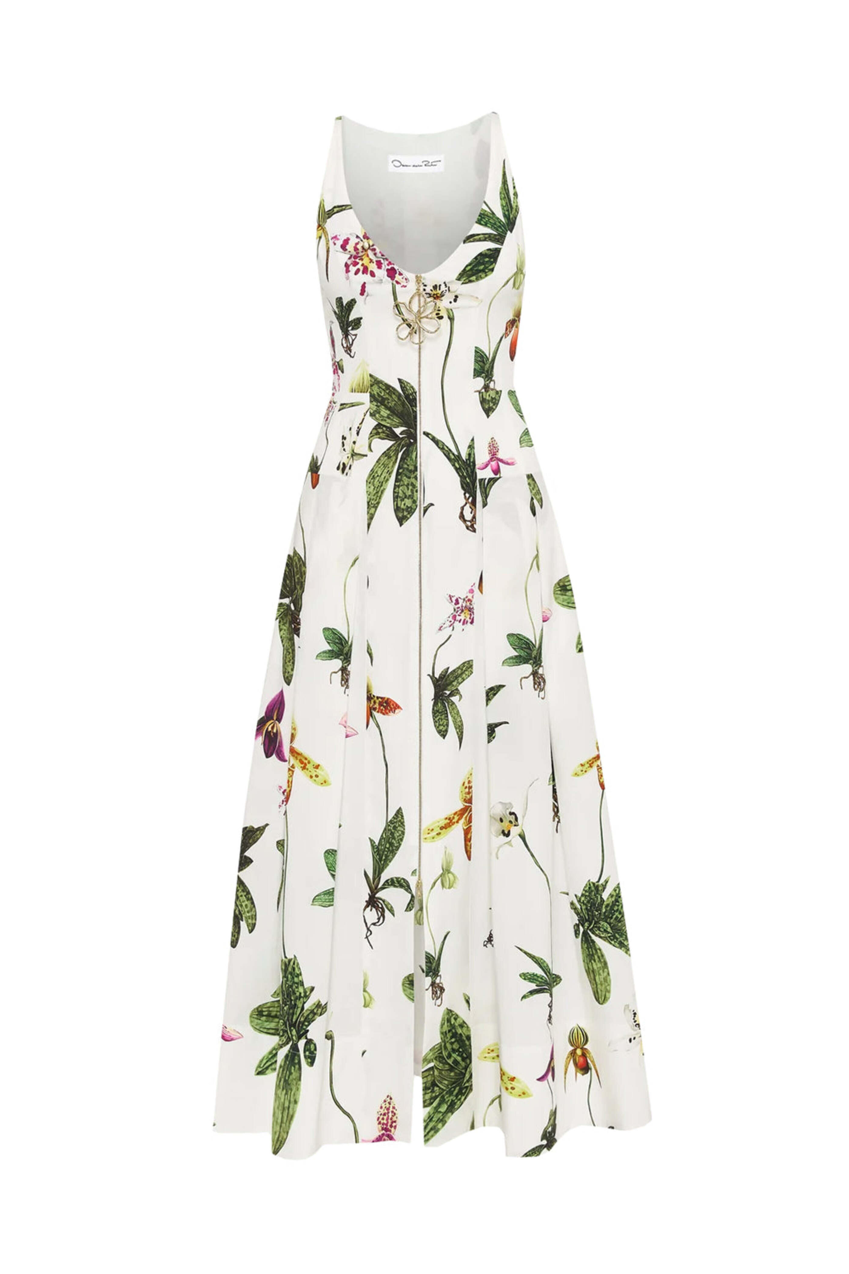 Oscar de la Renta - White Orchid Print Zip Front Midi Dress