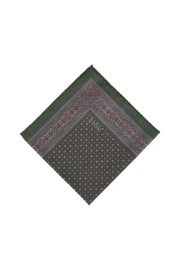Eton Green Paisley Print Wool Pocket Square