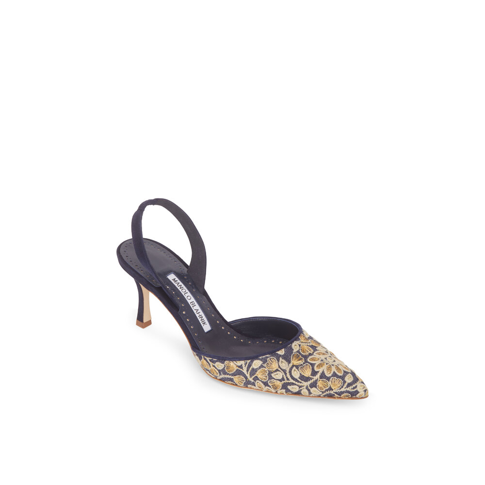 Manolo Blahnik - Carolyne Navy Embroidered Floral Slingback