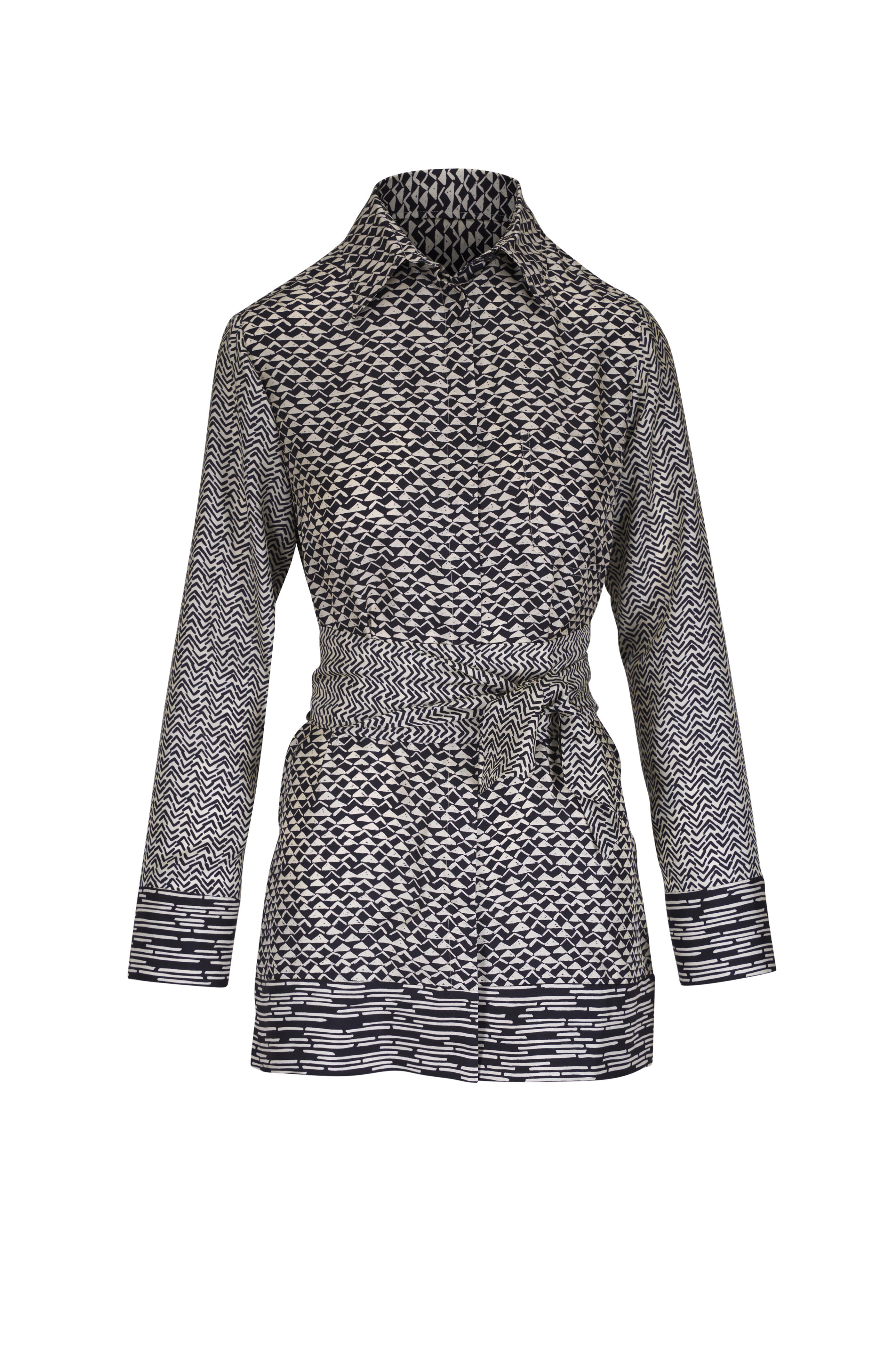 Kiton - Black & Beige Geometric Print Silk Blouse