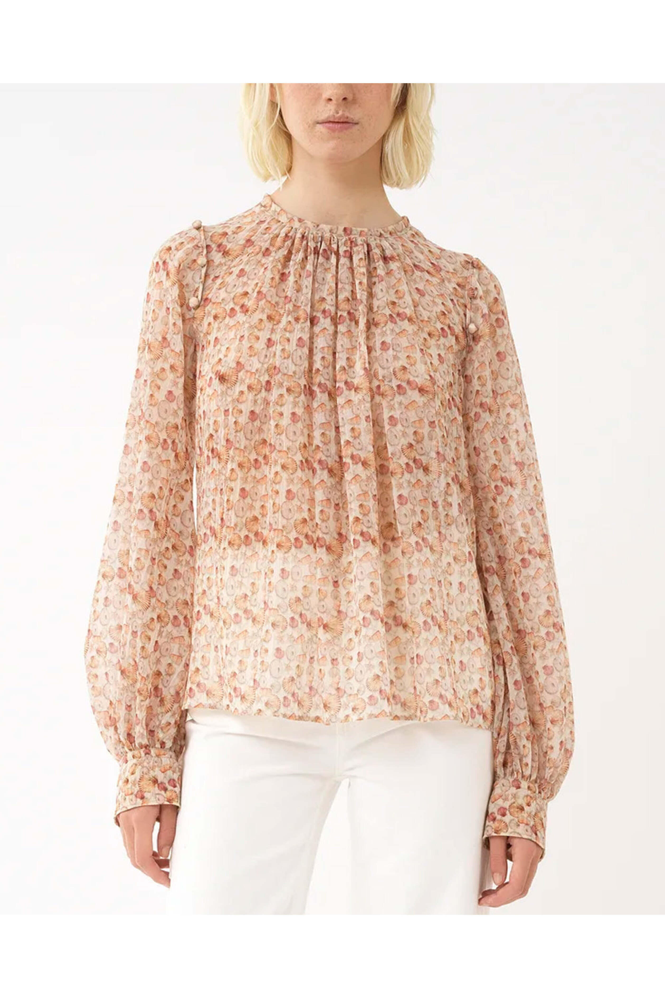 Chloé - Seashell Print Long Sleeve Ruffle Blouse