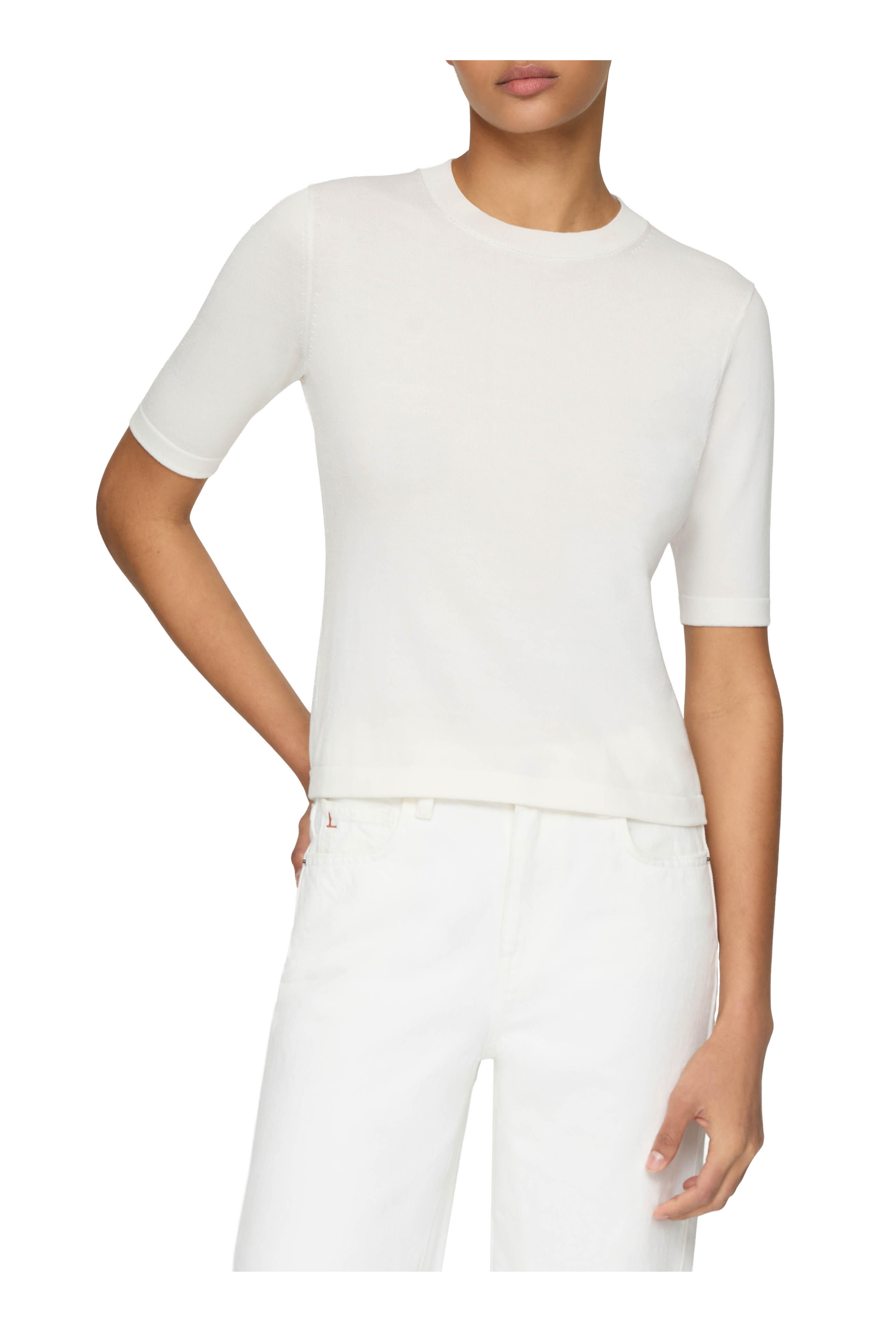 Lafayette 148 New York - Off White Cotton & Silk Crewneck Knit Top