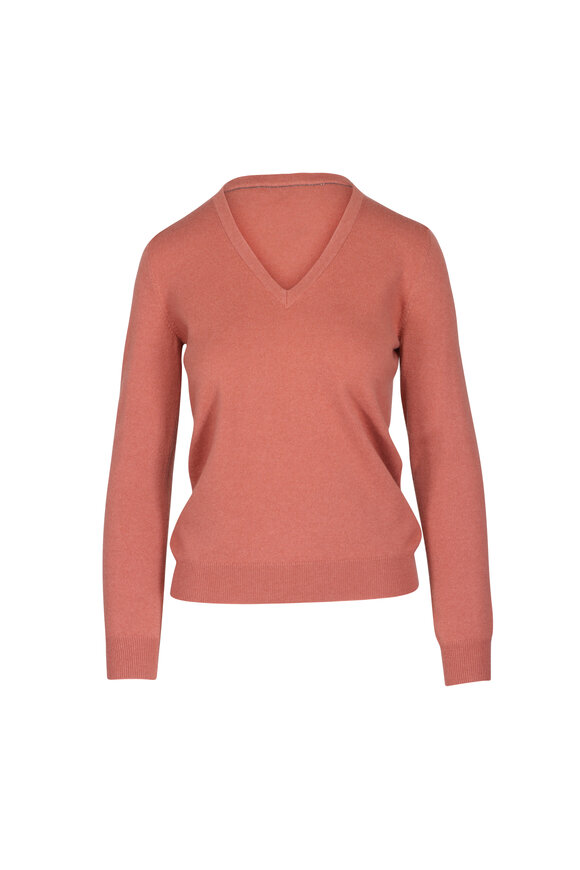 Brunello Cucinelli Orange Flame Cashmere V-Neck Sweater