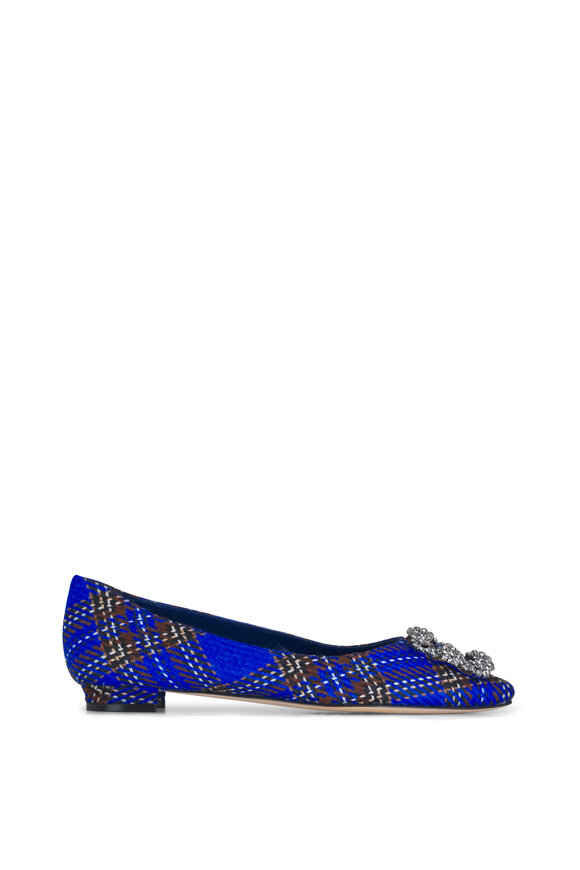 Manolo Blahnik - Hangisi Blue Wool Tartan Jewel Buckle Flat 