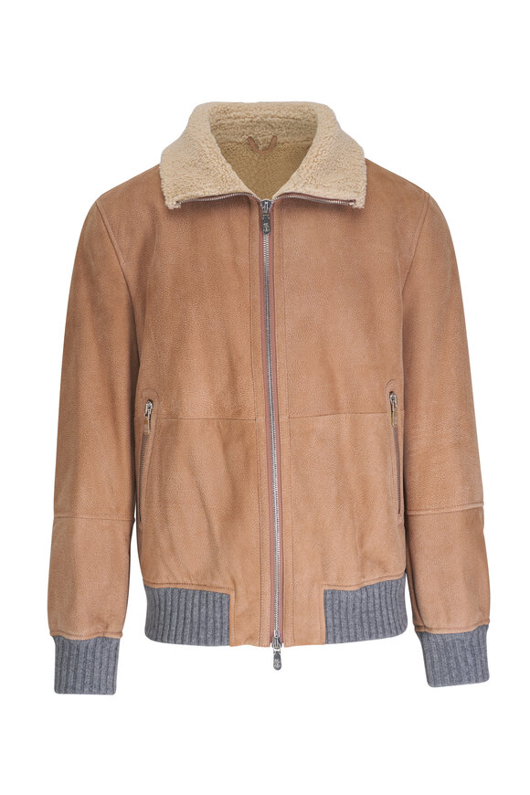 Brunello Cucinelli Tan Sheepskin & Cashmere Bomber Jacket