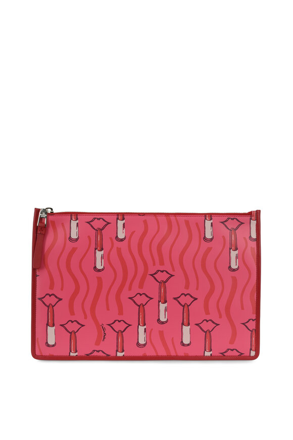 Valentino Garavani - Pink Lipstick Print Leather Large Pouch