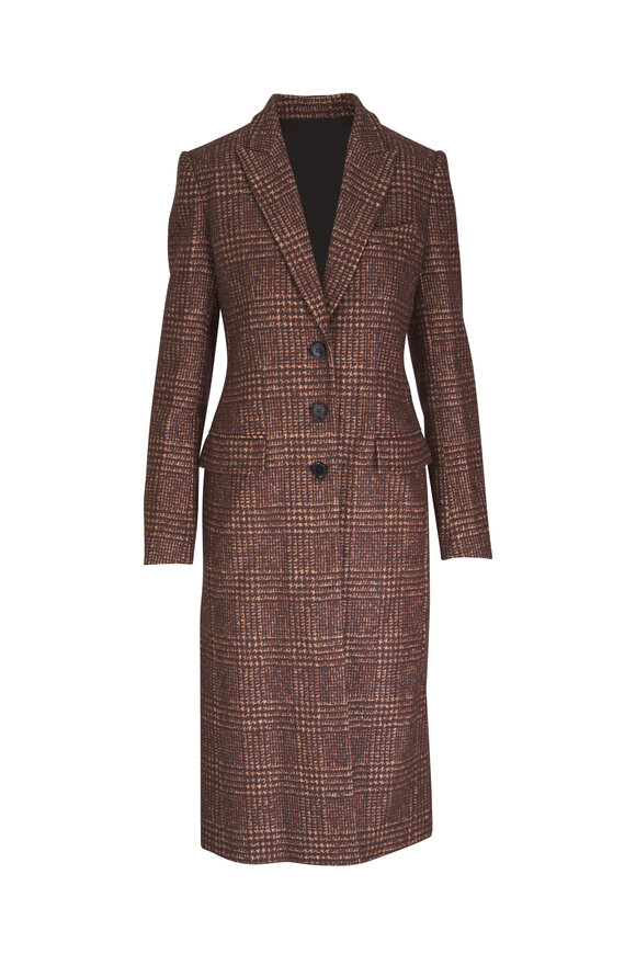 Michael Kors Collection - Chocolate Glenplaid Shaped Reefer Long Coat 