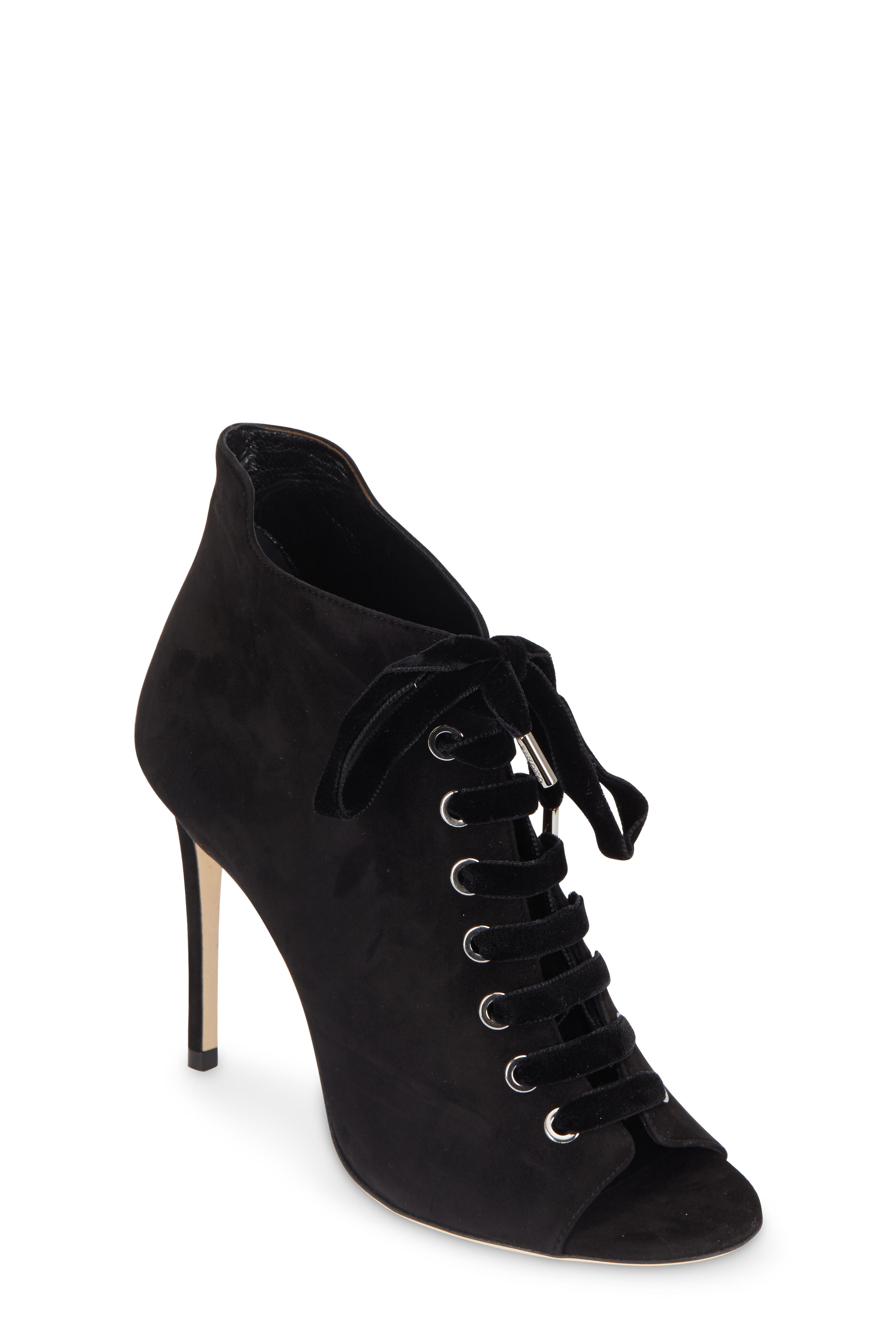 Jimmy Choo - Mavy Black Suede Lace-Up Open Toe Bootie, 100mm